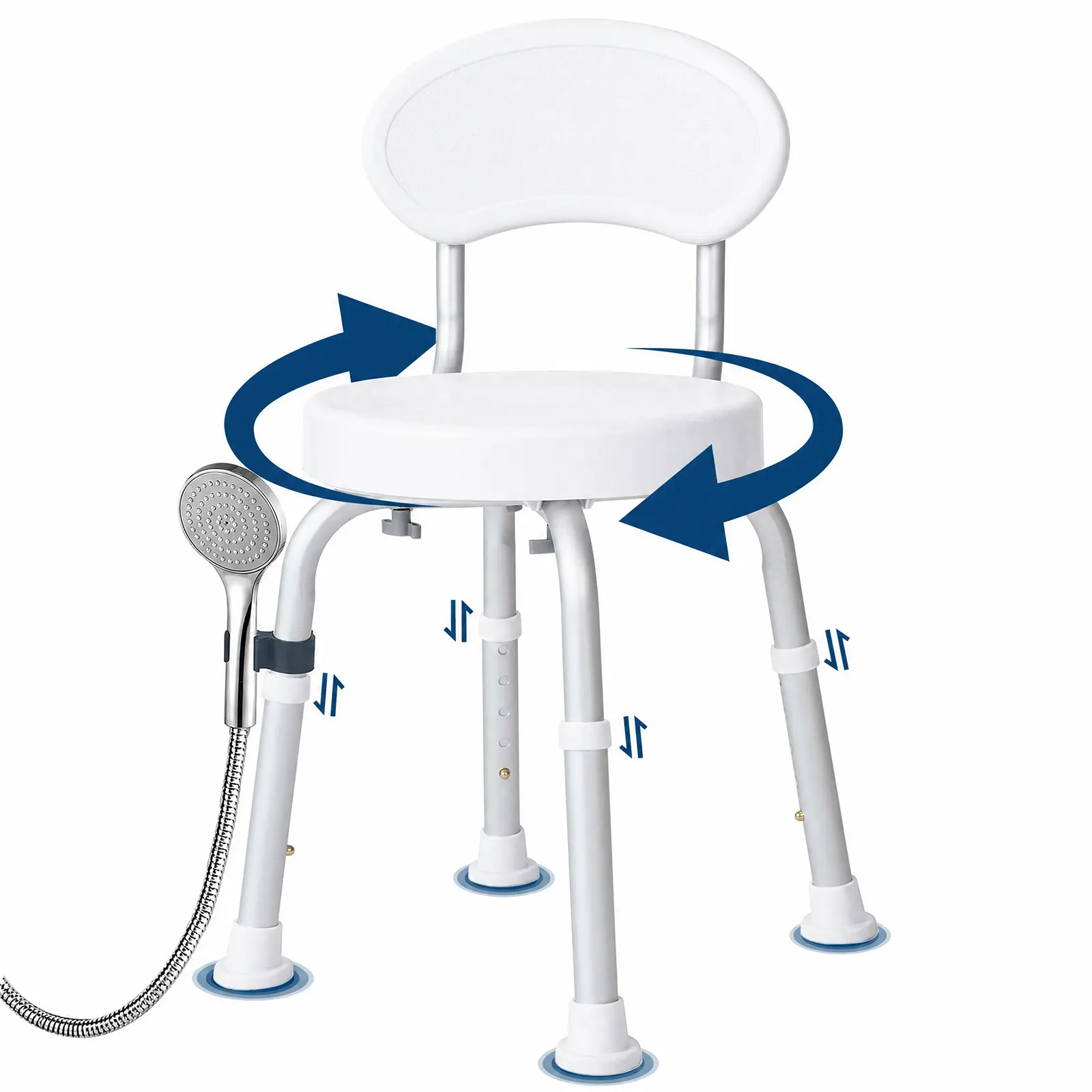 GARVEE 360° Swivel Adjustable Bath Stool with Backrest - 6-Height Aluminum Non-Slip Shower Chair, 330 lbs Capacity, Showerhead Holder Included for Elderly