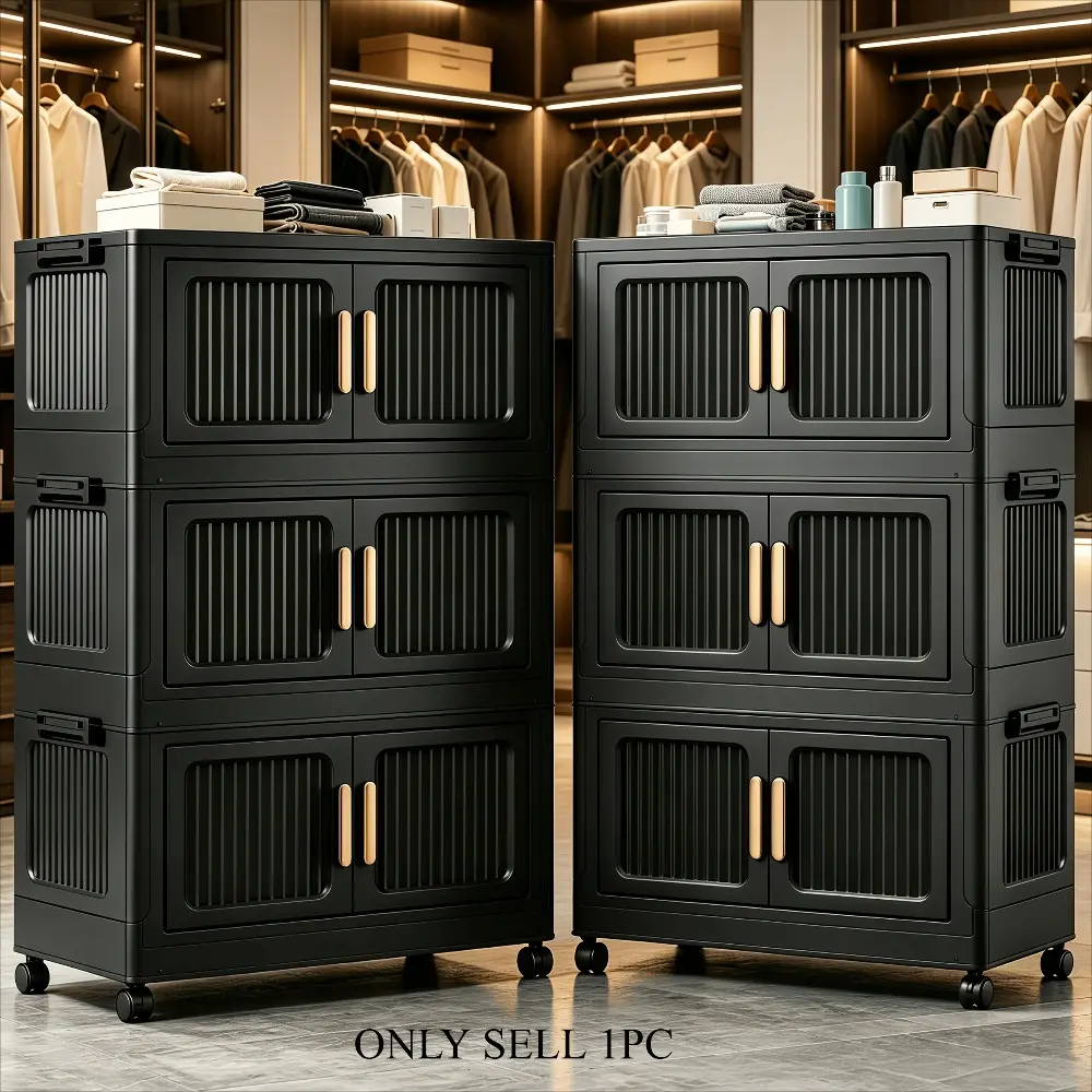 Stackable wardrobe storage cabinet, Home storage cabinet, 3/4/5/6-tier black large-capacity movable storage cabinet, portable foldable plastic wardrobe organizer, double-door storage box, suitable for home, office storage