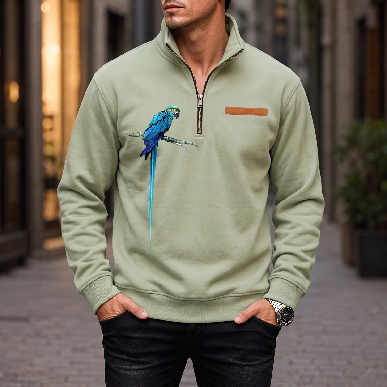 Men's Quarter Zip Pullover Sweatshirt, Casual Soft Fleece with Parrot Graphic, Loose Fit Stylish Longsleeve for Outdoor Fall Winter Menswear, Longsleeves