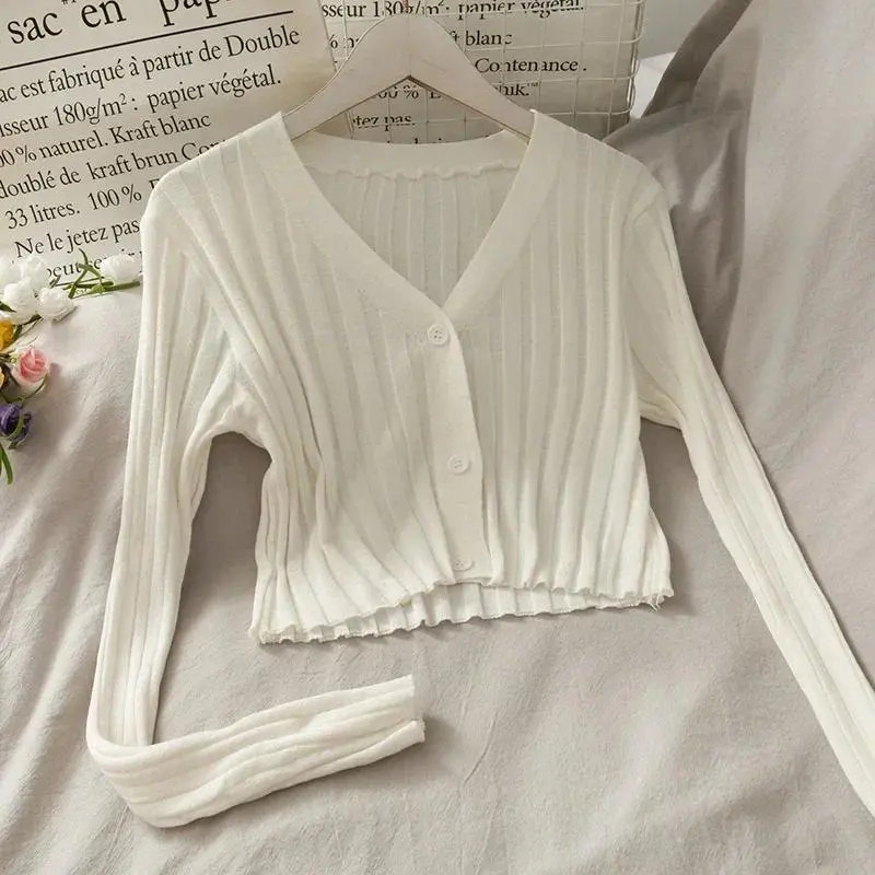 Women's Acrylic Long Sleeve V-Neck Button-Down Slim Cropped Ribbed Knit Cardigan Thin Solid Stretch Crop Top Knitwear