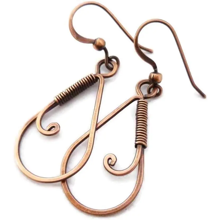 Handcrafted Solid Copper Earrings Wire Wrap Teardrops (Antiqued Copper, 1-1/4" drop)