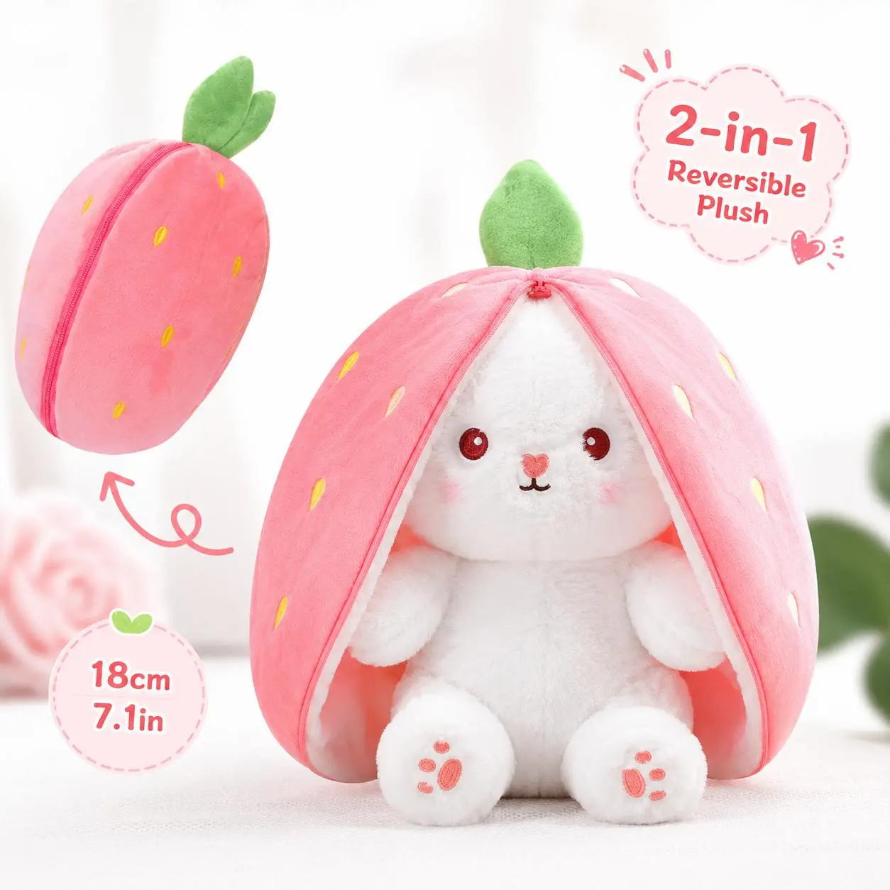 Strawberry Bunny Plush Pillow, Reversible Rabbit Cuddle Cushion with Zipper, Soft Kawaii Indoor Leisure Room Decor Gift for Teens & Adults