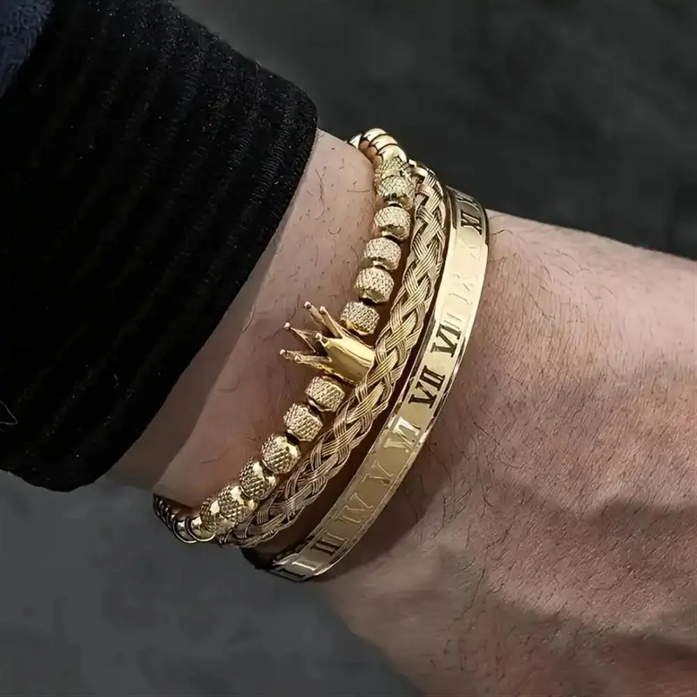 Men's 3-Piece Casual Gold Plated Bracelet Set, Stainless Steel with Metal Coating, Stackable Streetwear Roman Numeral Bangle & Crown Charm Rope Chain