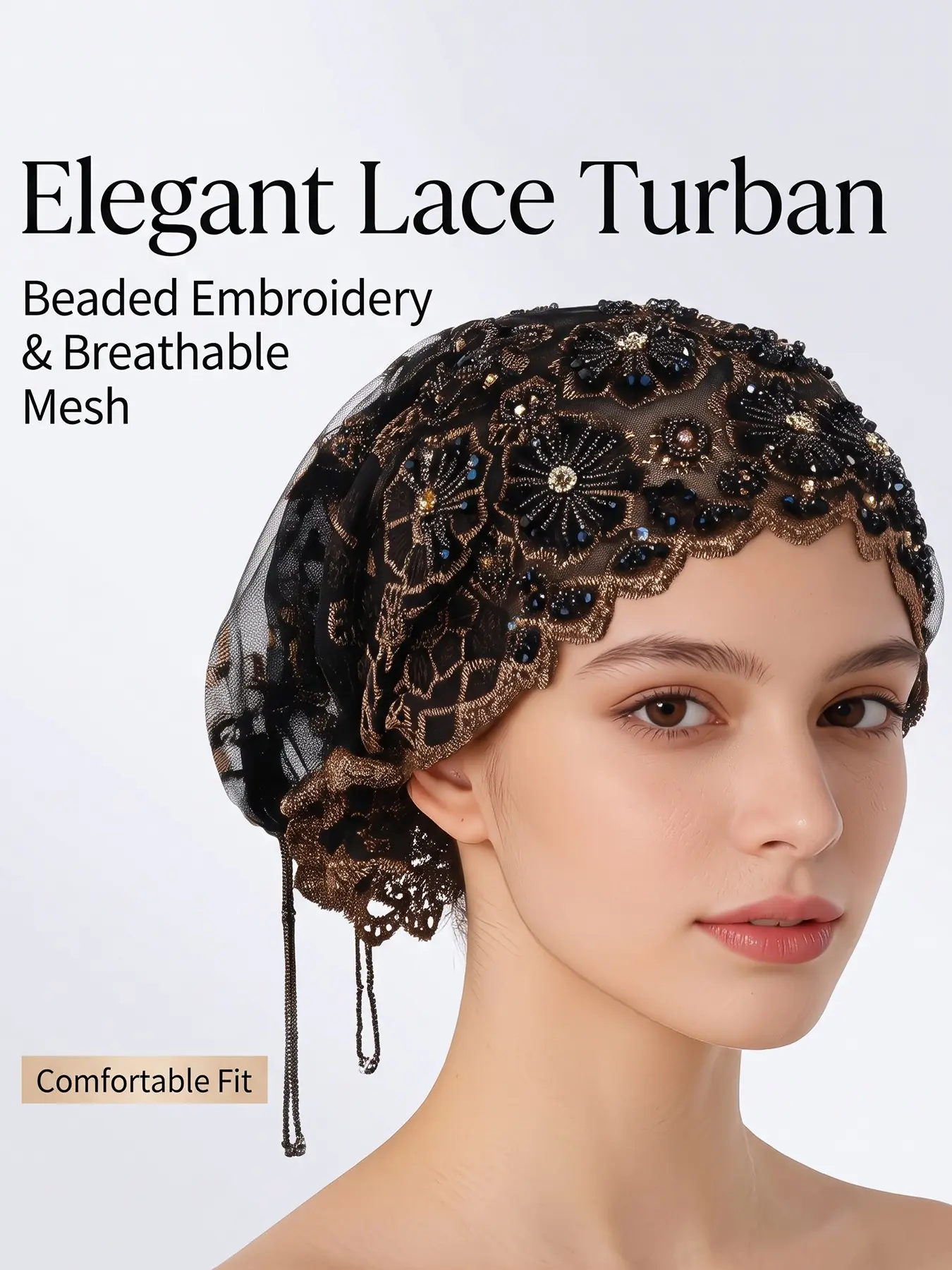 Lace Embroidered Beanie Hat, 3D Flower Patchwork with Rhinestones, Lightweight Mesh Material, Boho Style, Perfect for Events