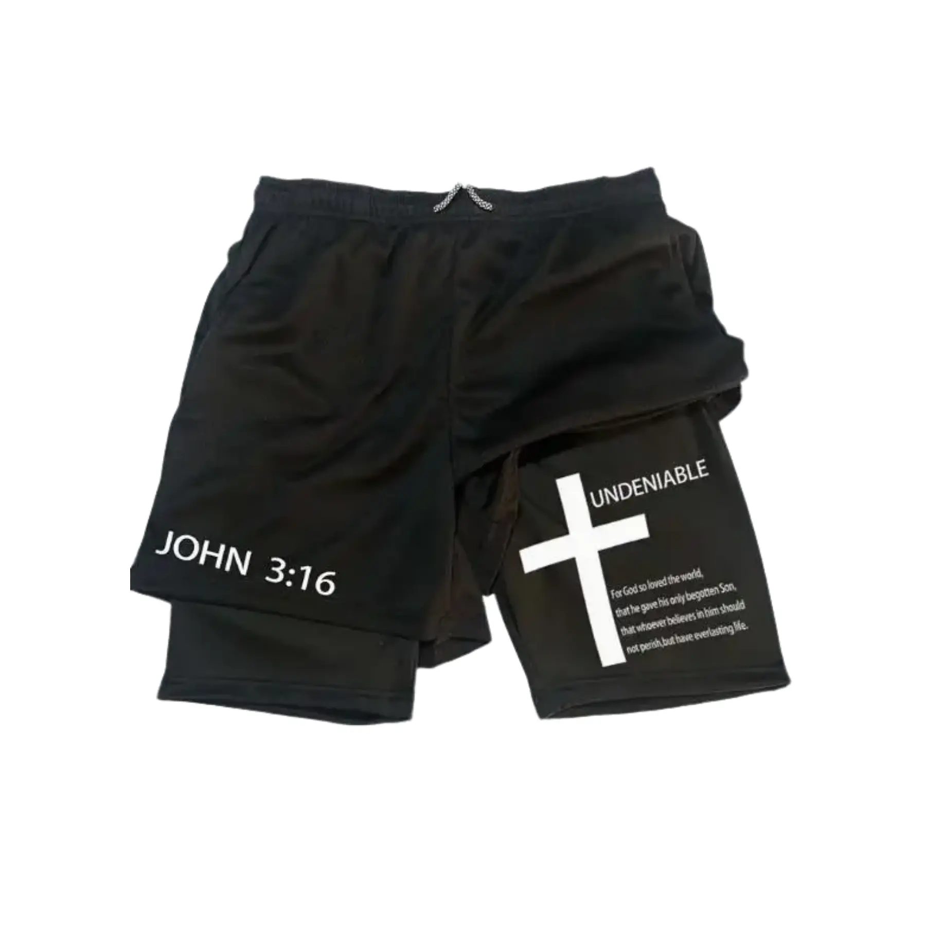 John 3:16 Undeniable Cross 2 in 1 Compression Shorts Men Bible Verse Double Layer Athletic Workout Gym Running ShortsMens 2-in-1 Lined Performance Shorts John 3:16 Scripture Cross Print Undeniable Faith Christian Gym Running Training Shorts