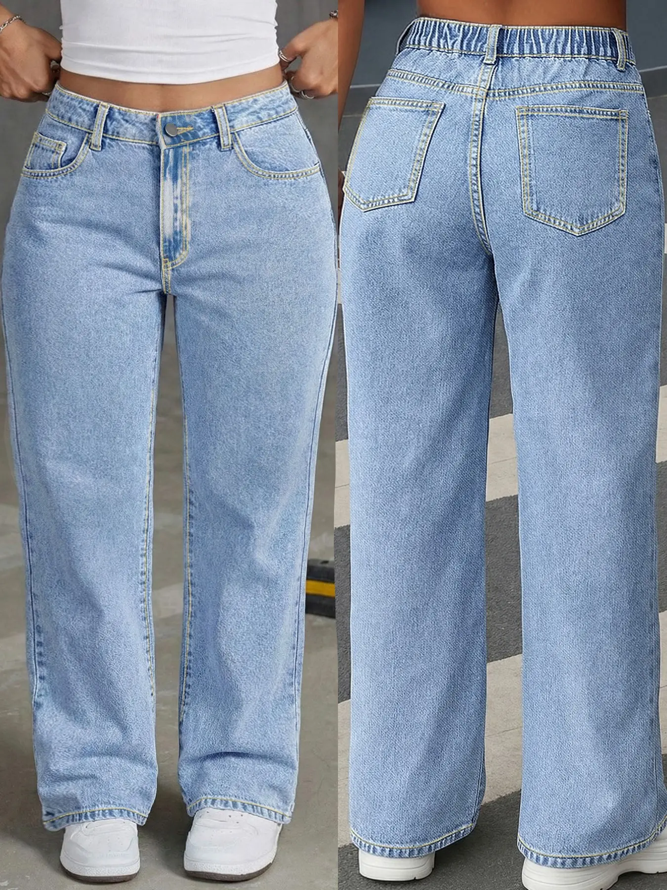Plus Size Light Wash High Waist Wide Leg Denim Jeans, Elastic Back Waistband, Curvy Relaxed Fit, 90s Vintage Casual Style for Curvy Women