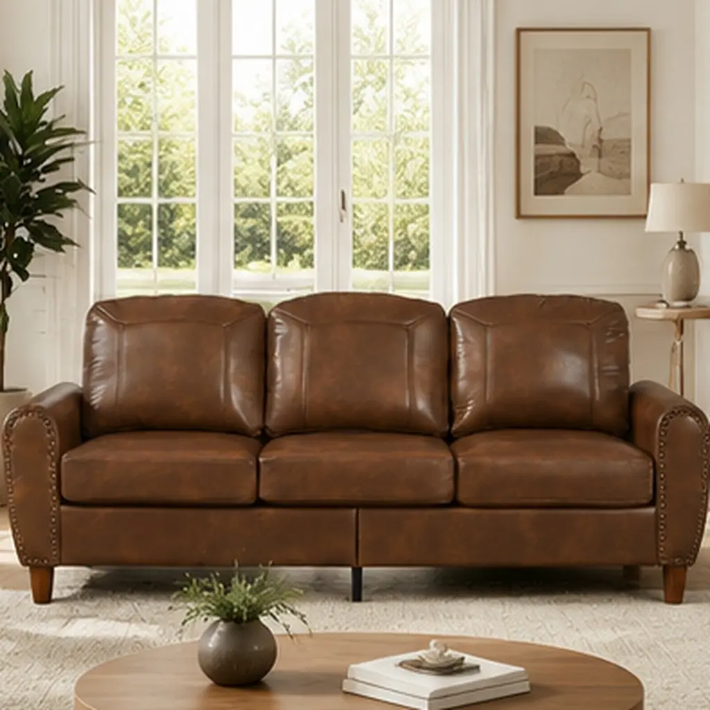 ARCH 81.5" Classic Living Room Sofa Faux Leather Couch with Rolled Arm Nailhead Trim Solid Wood Legs Upholstered Breathable PU Leather Brown for Living Room, Family Room, Apartment, Office, Living Room Furniture for Apartment, Lounge, Family Room