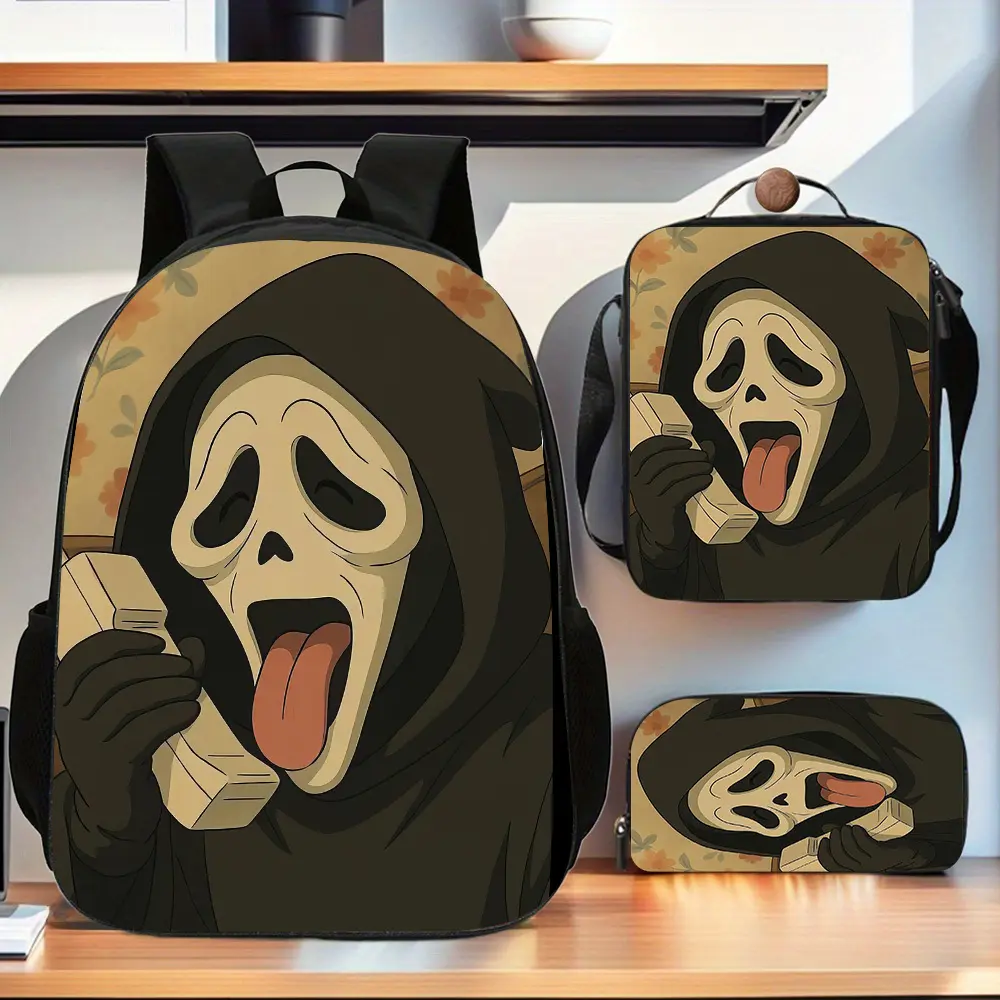 3pcs Ghostface Large Capacity Backpack with Book Bag & Crossbody Case - Compatible for Work//Travel, Lightweight with Laptop Compartment, Pen Holder & Adjustable Straps - Stylish for Daily Commute (Hand Washable)