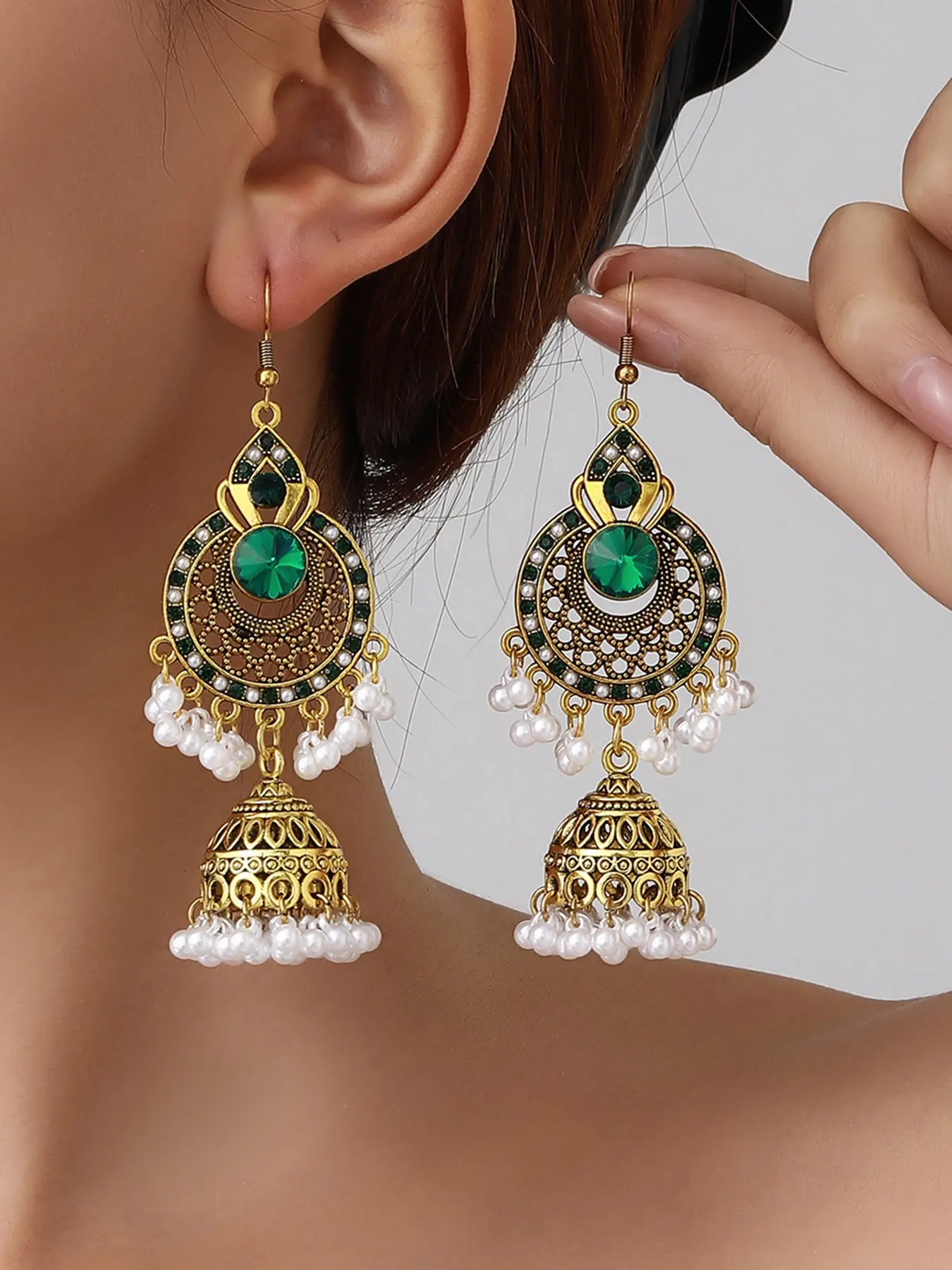 1 Pair Antique Gold Indian Jhumka Earrings for Women, Vintage Chandbali Filigree Bell Drop Dangle Earrings with Ruby Red Crystal Faux Pearl Tassels, Bollywood Ethnic Bridal Festival Accessories