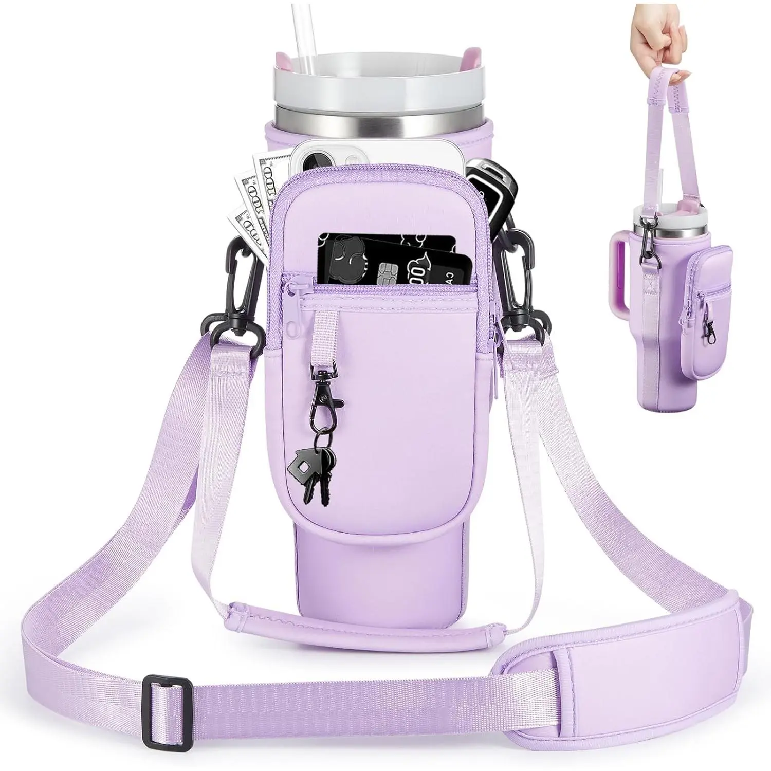 Crossbody Water Bottle Carrier Bag for Home Organization Storage - With Phone Pocket, Card & Cash Holder, Adjustable Shoulder Strap, Fits 30/40 oz Flat-Bottomed Cups, Ideal for Hiking, Gym