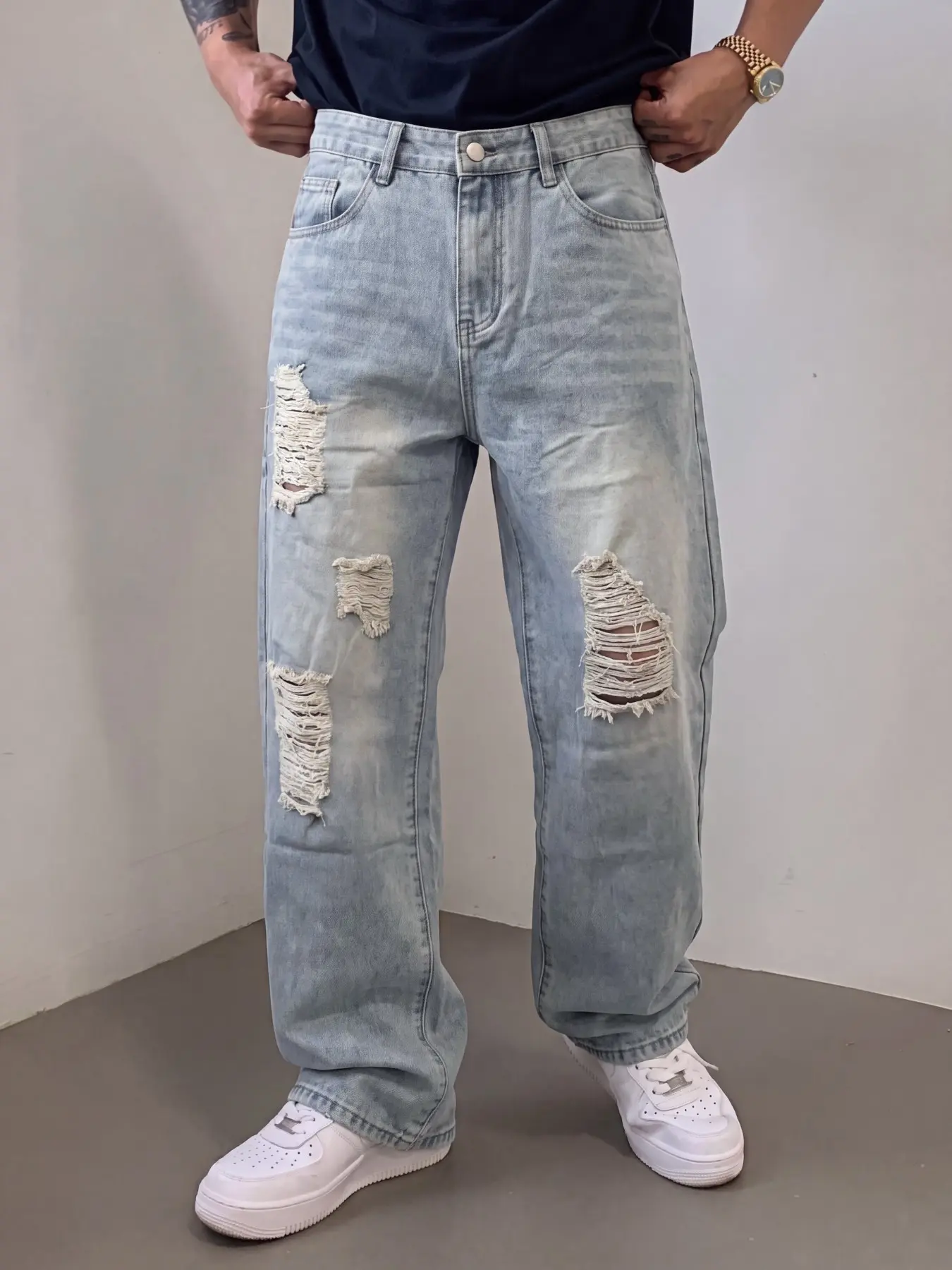 Men's Washed Vintage Jeans, Loose Wide Leg Fit, High-Quality Denim Fabric, American Street Style, Trendy Fashion Item