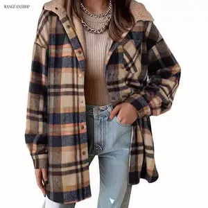 Women Winter Hooded Plaid Flannel Shacket, Thick Fuzzy Fleece Lined Button Down Coat, Windproof Warm Oversized Outerwear for Daily Street Holiday Casual Outfits