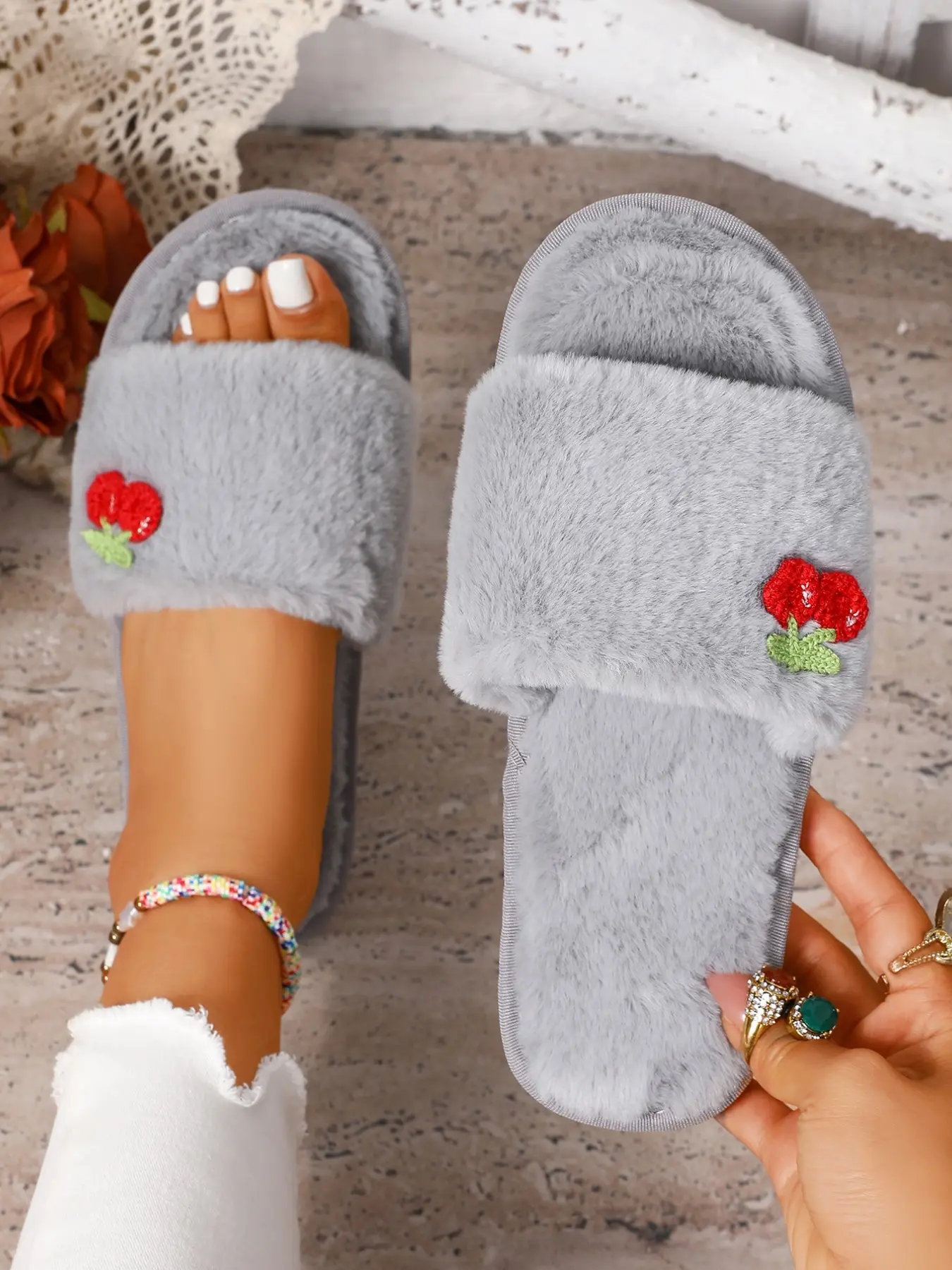 Cute Cherry Embroidered Slippers, Soft Eva Material, Breathable Open-Toe Design, Anti-Slip Sole, Perfect for Home & Casual Wear