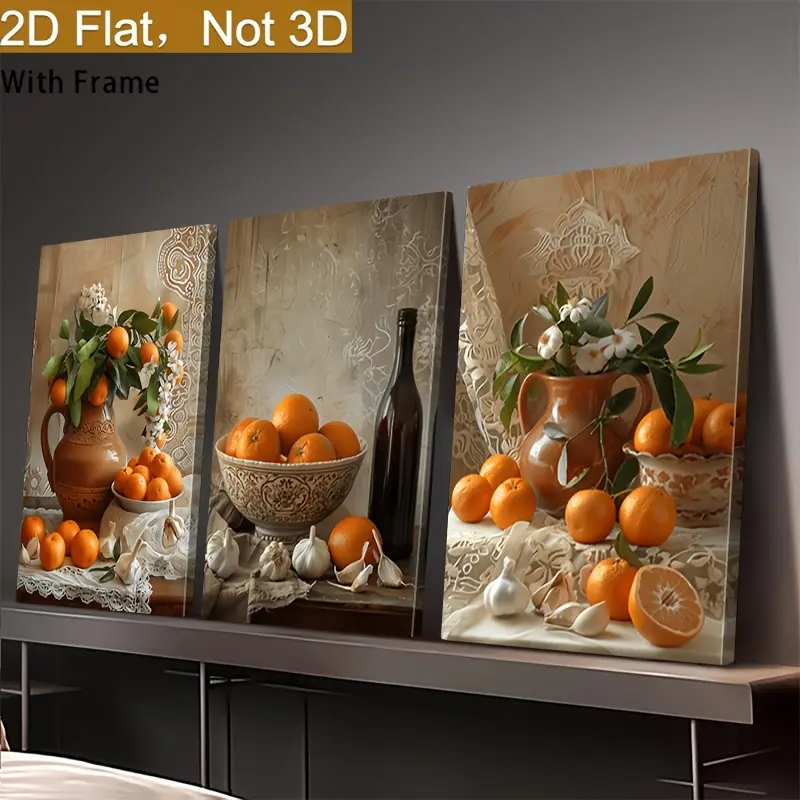 2D print, 3-piece framed picture set, bright garlic fruit design, suitable for bedroom, living room, bathroom, bedroom decoration, interior wall art decoration, room decoration, perfect room decoration