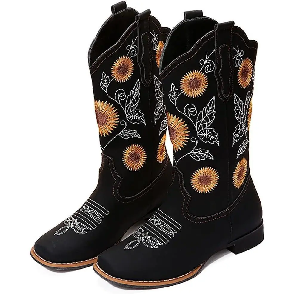 gloryinterest Cowboy Boots for Women Mid Calf Cowgirl Western Boots Sunflower Embroidery Stitched Square Toe Low Heel Black Brown Yellow US6-10.5