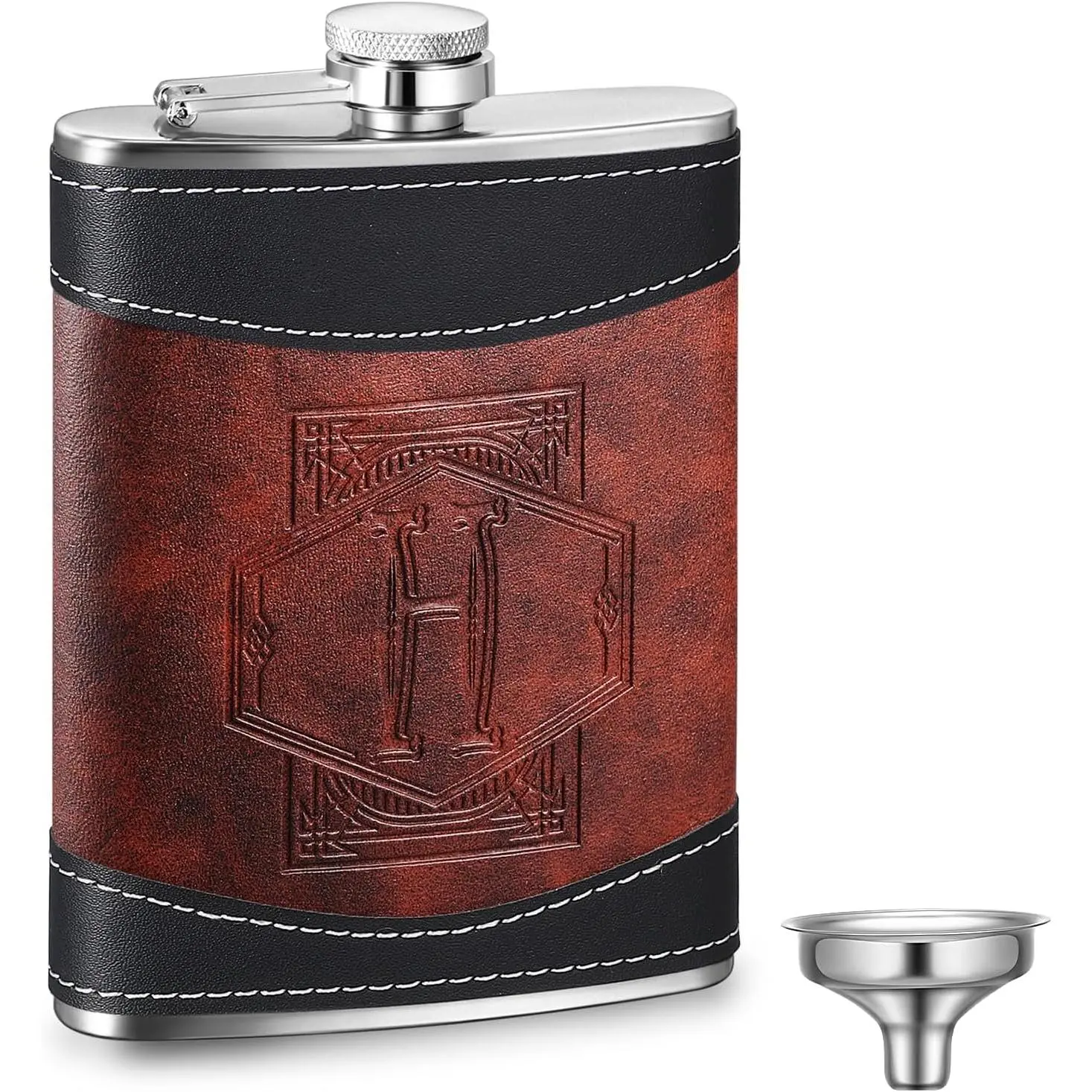 8 oz Stainless Steel Monogram Hip Flask - Personalized Groomsmen Flask with Leather Accent, Camping Outdoor Water Storage Gift for Dad (Letter H), No, Other
