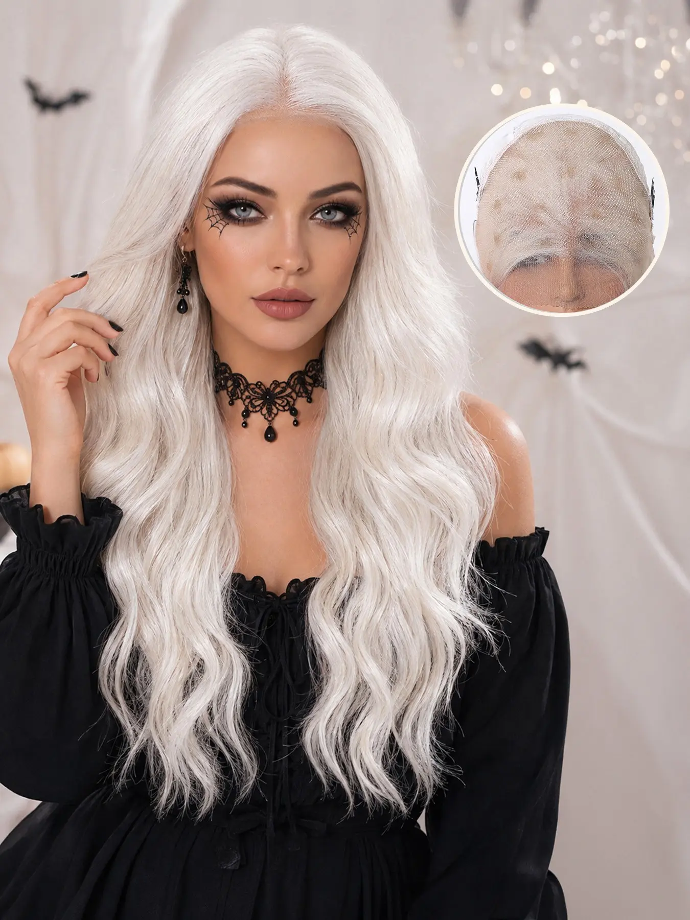Women's Long Wavy Lace Wig, Ice Gothic Vampire Halloween Costume, Pre-Cut Lace, Glue-Free, Natural Hairline, Cosplay Party Wig
