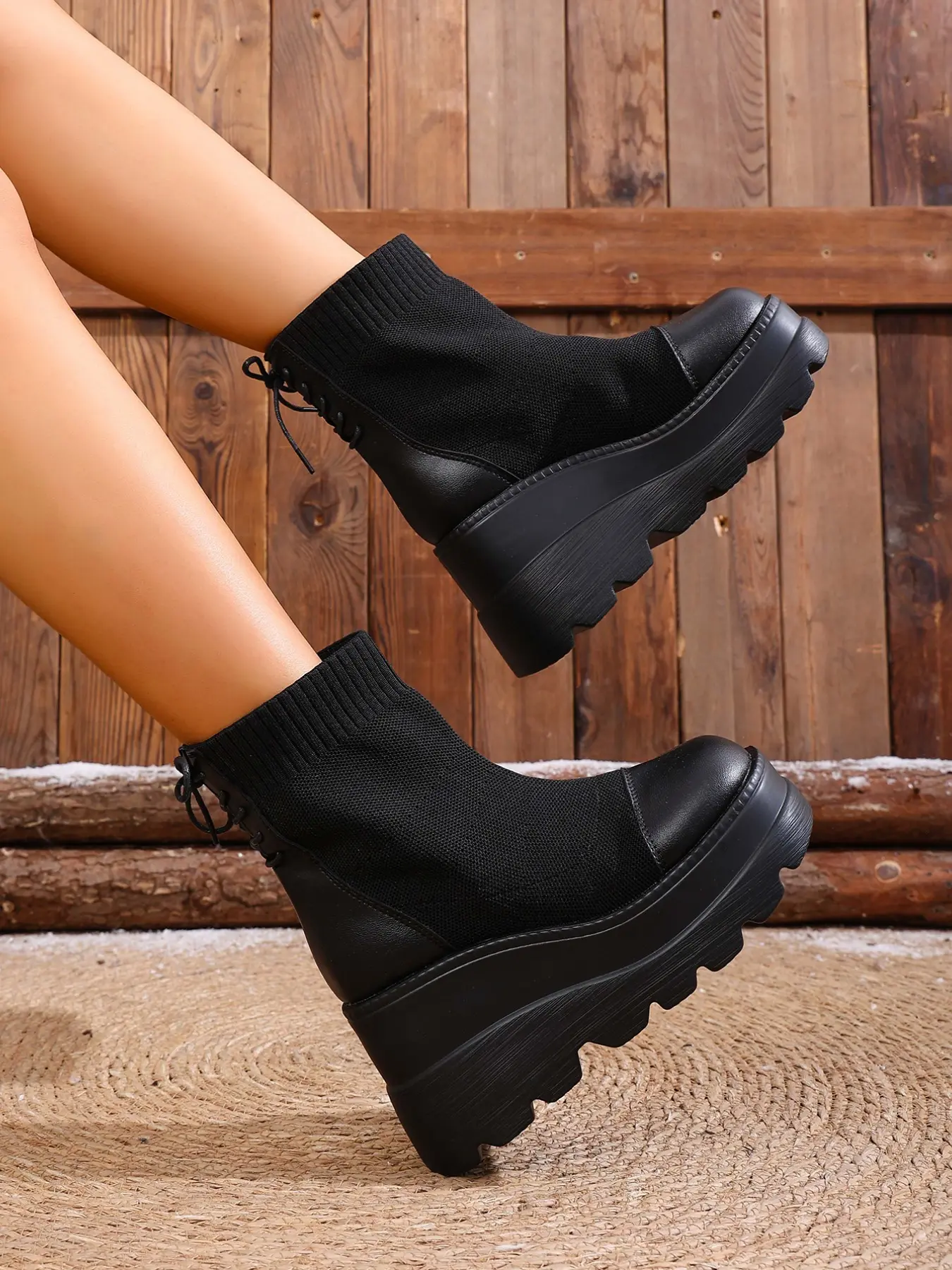 Women's Short Boots, Thick Sole Slope Heel, Slimming Elastic Design, New Fall Winter Style, Perfect for Petite Women