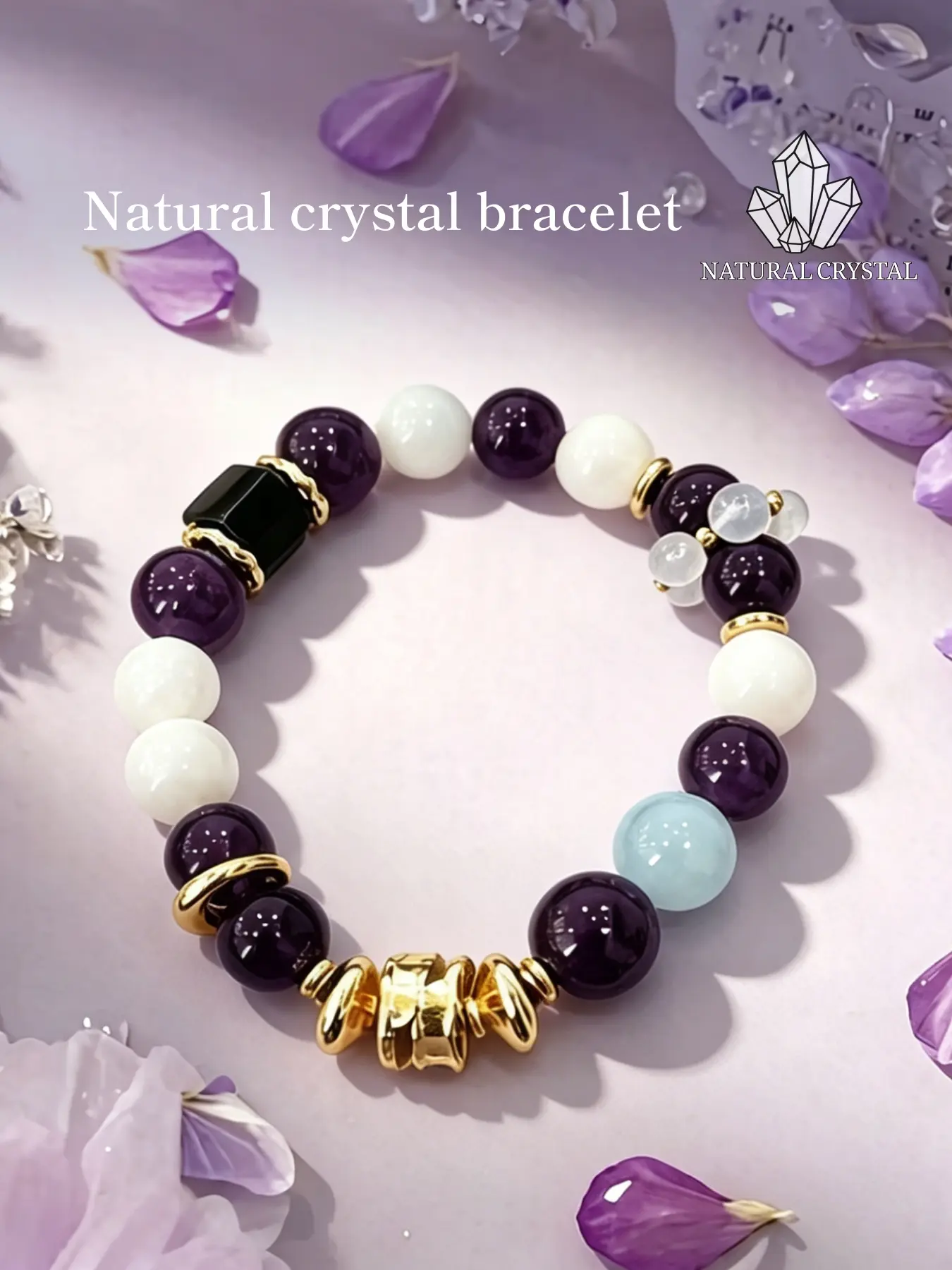 Natural Blue Moonstone and Amethyst Delicate BraceletEnhances wealth and stability, boosts career luck, protects against negative energy, ensures smooth career. Handcrafted with meticulous stringing, suitable for personalized layering / unique fashion, e