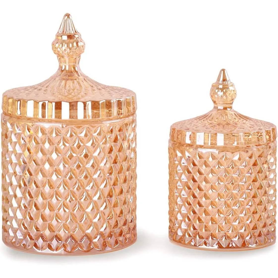 2-Pack Round Amber Glass Apothecary Jar Canisters with Diamond Texture Lids - Decorative Kitchen Organiser for DIY Projects, Bathroom Vanity Storage (10oz, 24oz), Apothecary Look