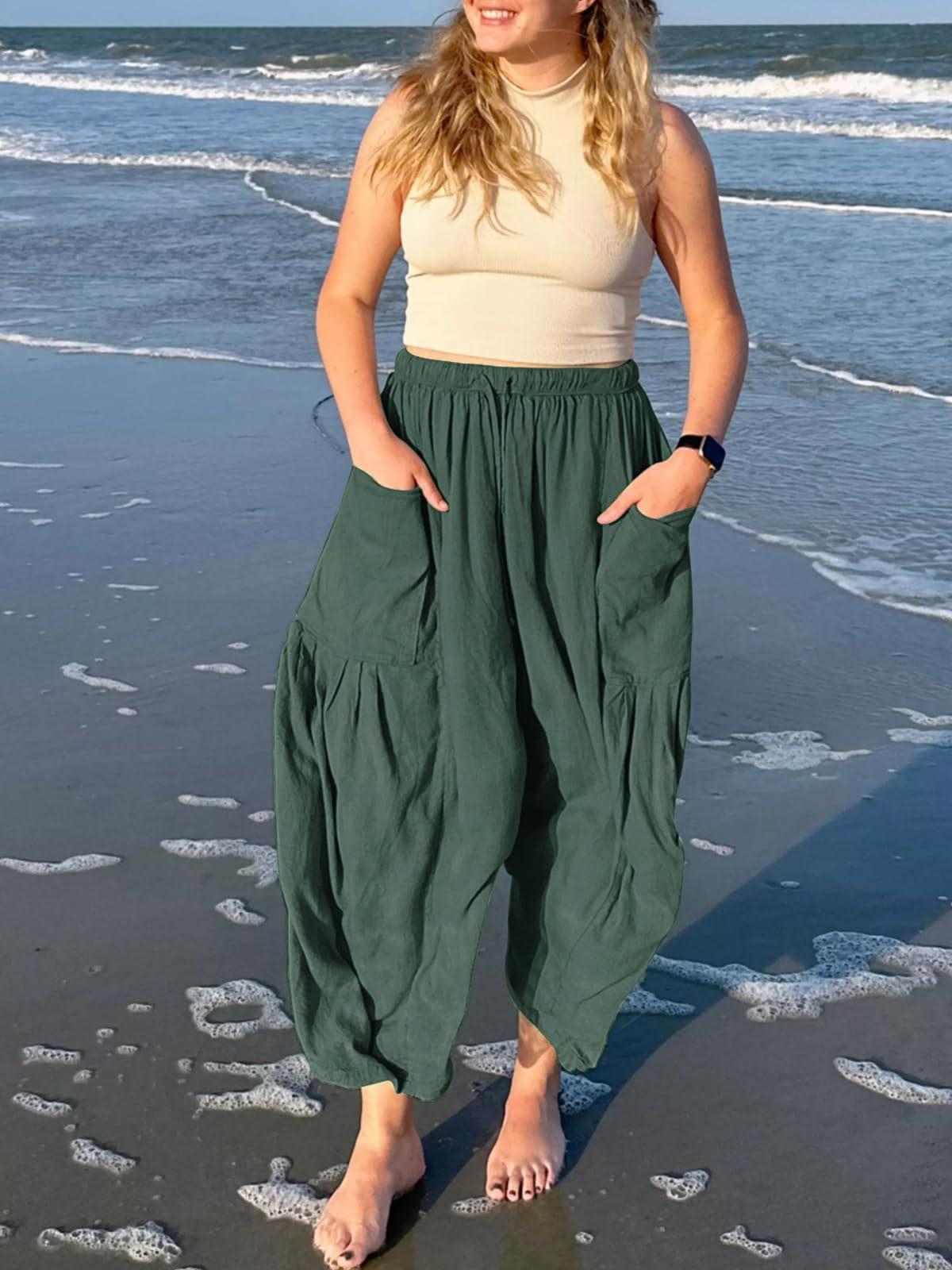 Women's Elastic Waist Pleated High Waist Wide Leg Pants Loose Casual Linen Cotton Long Trousers Breathable Summer Beach Outfit