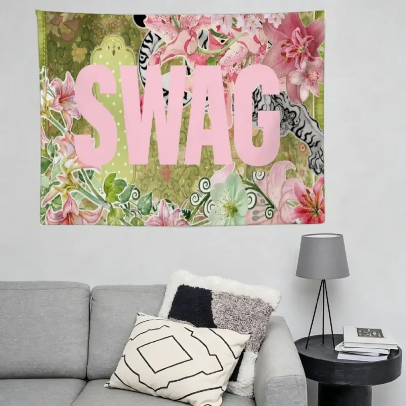 Y2K SWAG Typography Tapestry Light Pink Letters Green Floral Botanical Butterfly Pattern Wall Hanging Cottagecore Streetwear Girls Bedroom Room Decoration Banner