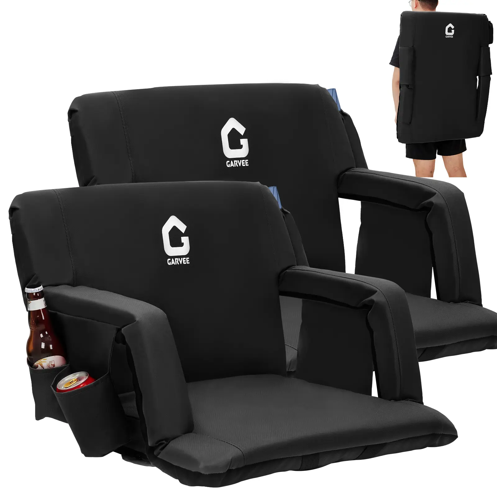2 Pcs Regular Stadium Seat with Back Support & Padded Cushion, Bleacher Chair with Recline Angles, Cup Holders & Large Pockets for Football Games portable outdoor