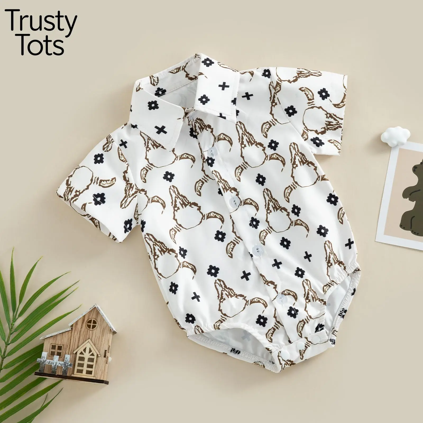 Western Baby Shirt Romper, Short Sleeve Graphic Button Up Lapel Bodysuit Newborn Clothes Casual Snap Crotch Infant Onesie For Holiday Daily Wear