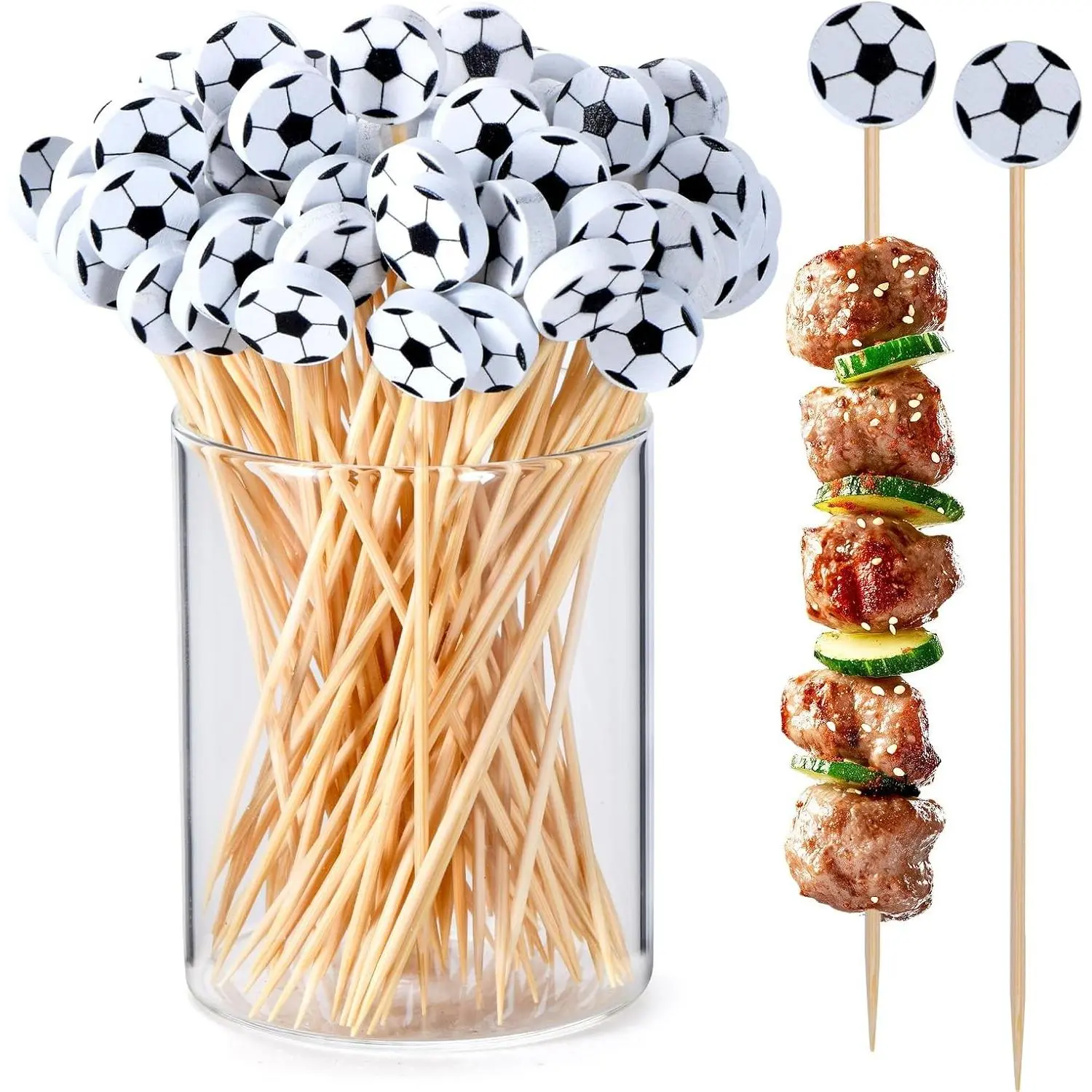 100 Pack 4.7 Inch Bamboo Soccer Cocktail Toothpicks, Perfect for World Cup Sports Catered Events Birthday Themed Party Decorations