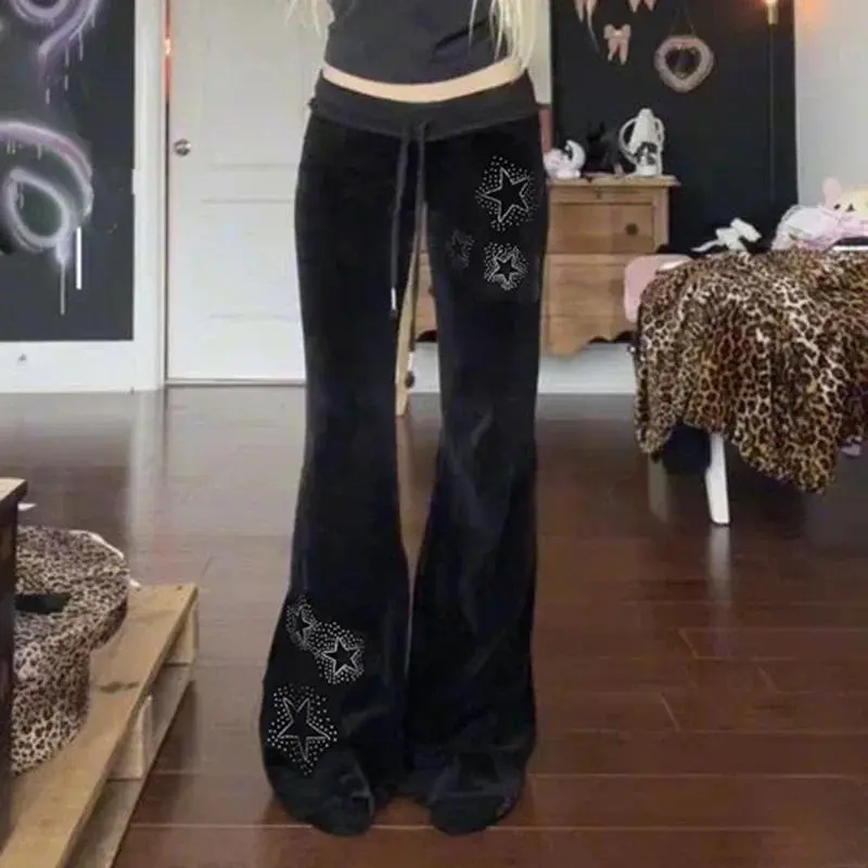 Rhinestones Star Velvet Flared Pants Y2K Aesthetic High Waist Baggy Sweatpants Jogging Casual Basic Boot Cut Trousers