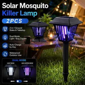 2PCS Solar Bug Zapper, Insect Zapper Outdoor Waterproof Garden Stake Light Lantern Style, 2-in-1 LED Mosquito Zapper with Blue UV Zapping and White Lighting Modes, Auto On/Off, Ground Insert Design for Yard, Patio, Porch, Pathway and Camping Use