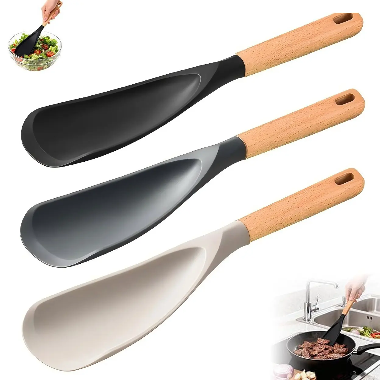 Non-Stick Cookware Spoon, Durable BPA-Free Silicone Handle, Wooden Design, Ideal for Stirring, Scooping, Scraping Ingredients