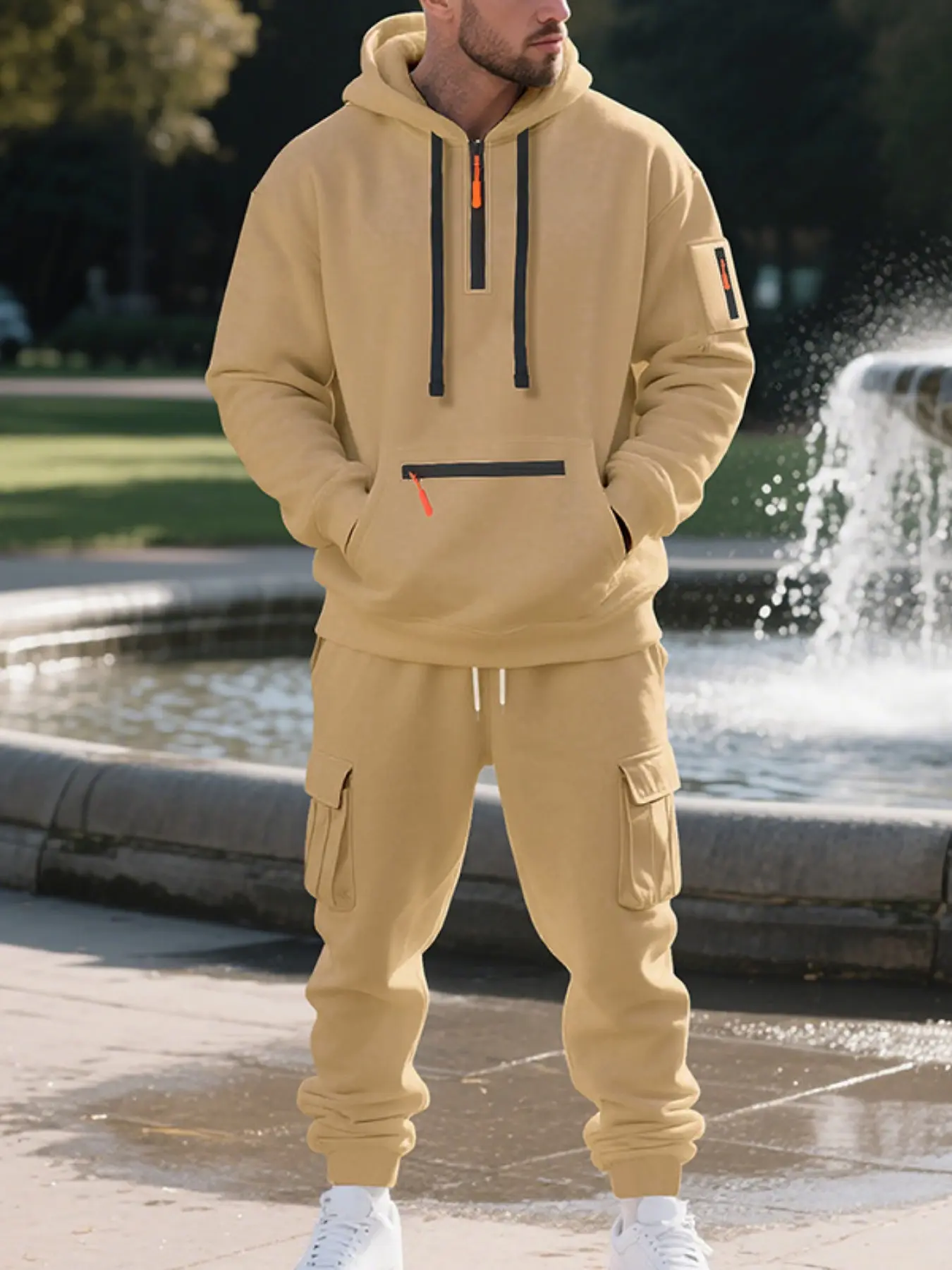 Men's fleece hooded sweatshirt and cargo pants set, Athleisure outfit - multiple zippers for pockets, functional style for casual sports and leisure wear, thick and warm, loose fit, suitable for daily commuting, autumn and winter, versatile