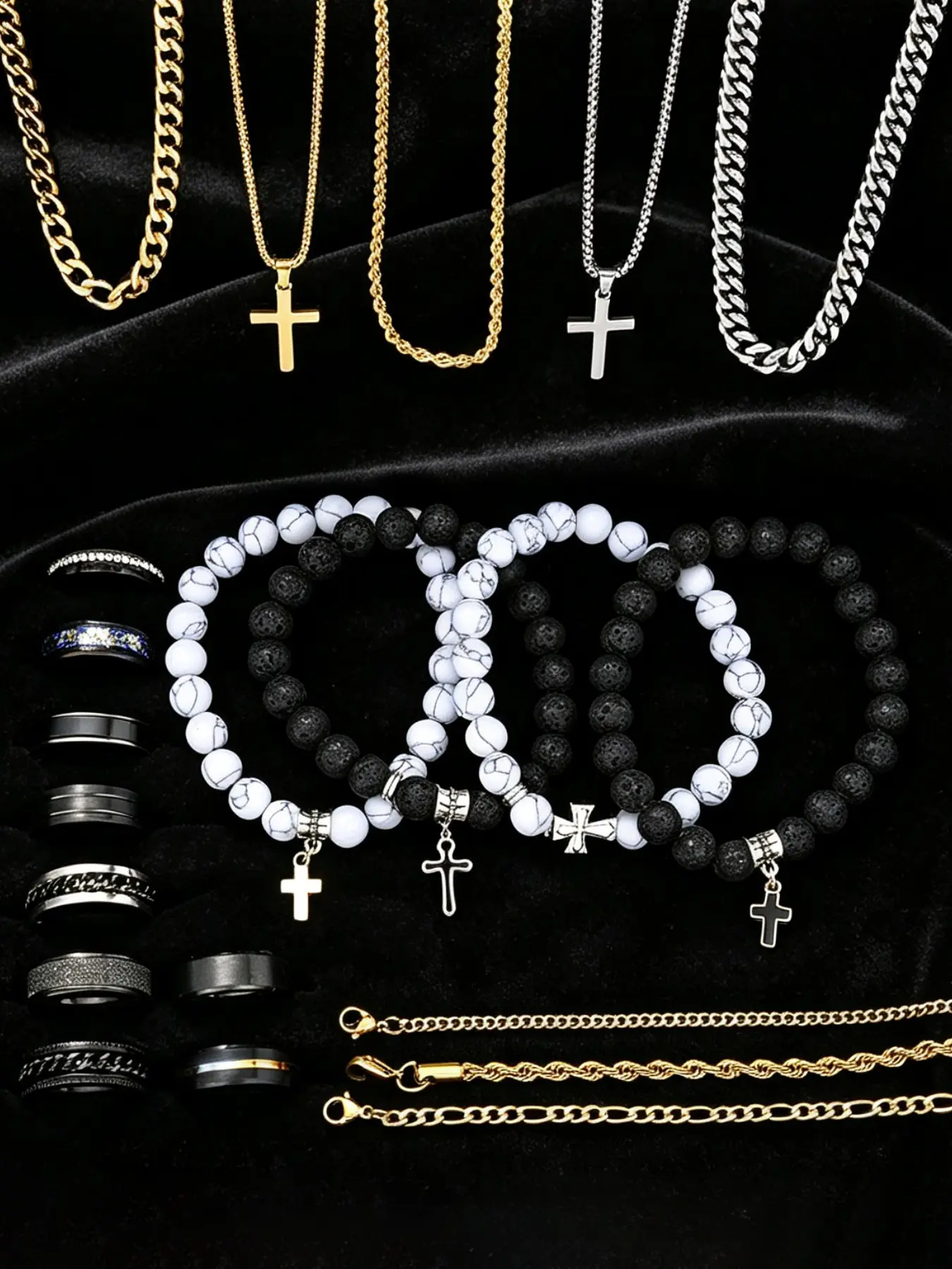 21-Piece Punk Style Cross Stainless Steel Necklace Bracelet Ring Set, Men's Daily Wear, Travel Jewelry Sets, Father's Day Gift, Birthday Present