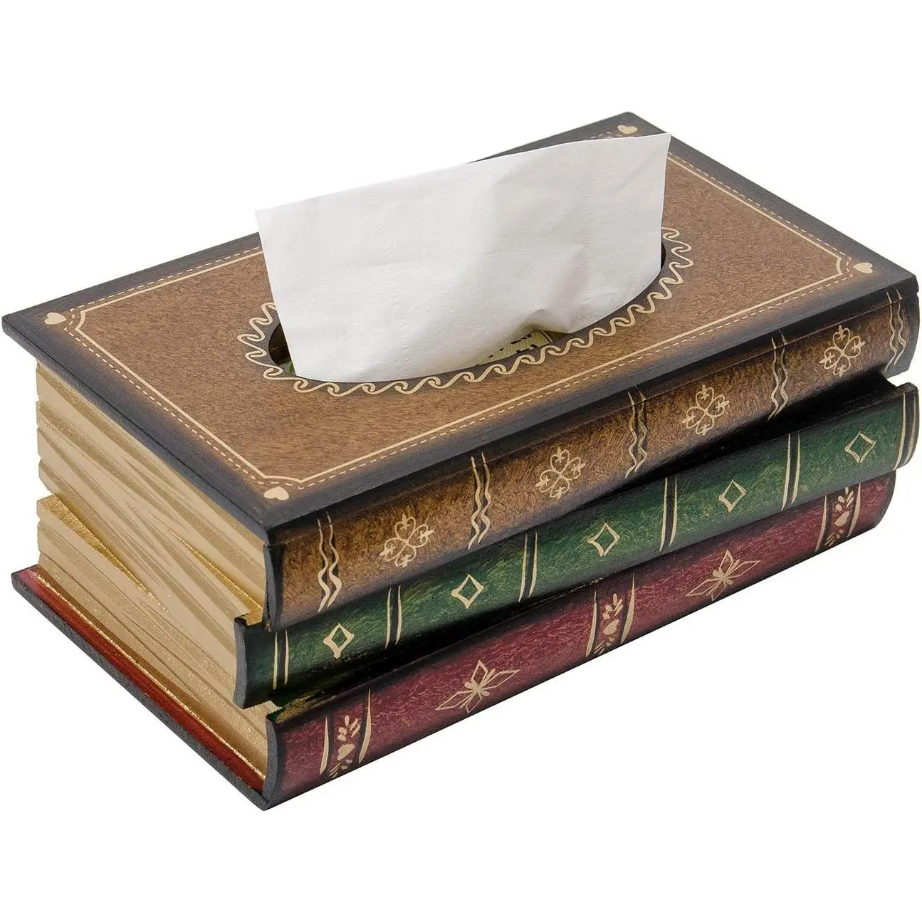 Wooden Rectangular Tissue Box Cover, Book Design Tissue Holder for Home Library Bathroom Office, Decorative Paper Napkin Dispenser