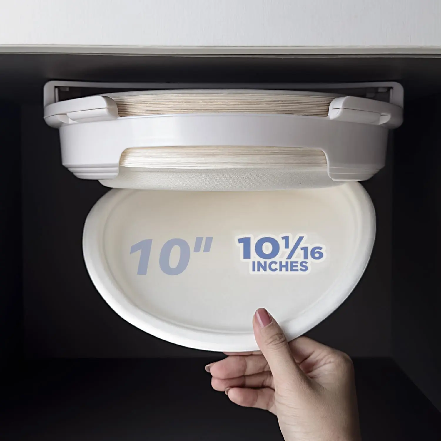 Paper Plate Dispenser for 10-1/16 inches Paper Plates, Under Cabinet Paper Plate Holder, Adjustable Up and Down, Suitable for RV Travel and Kitchen Cabinets