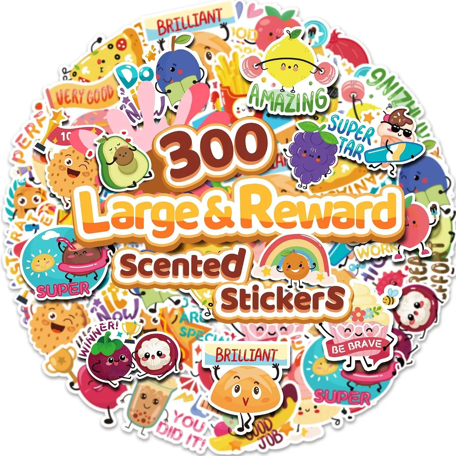 Scratch and Sniff Stickers for Kids - 300 PCS Large Scented Reward Stickers, Smelly Incentive Stickers, Bigger Motivational Stickers for Classroom Rewards and School Supplies