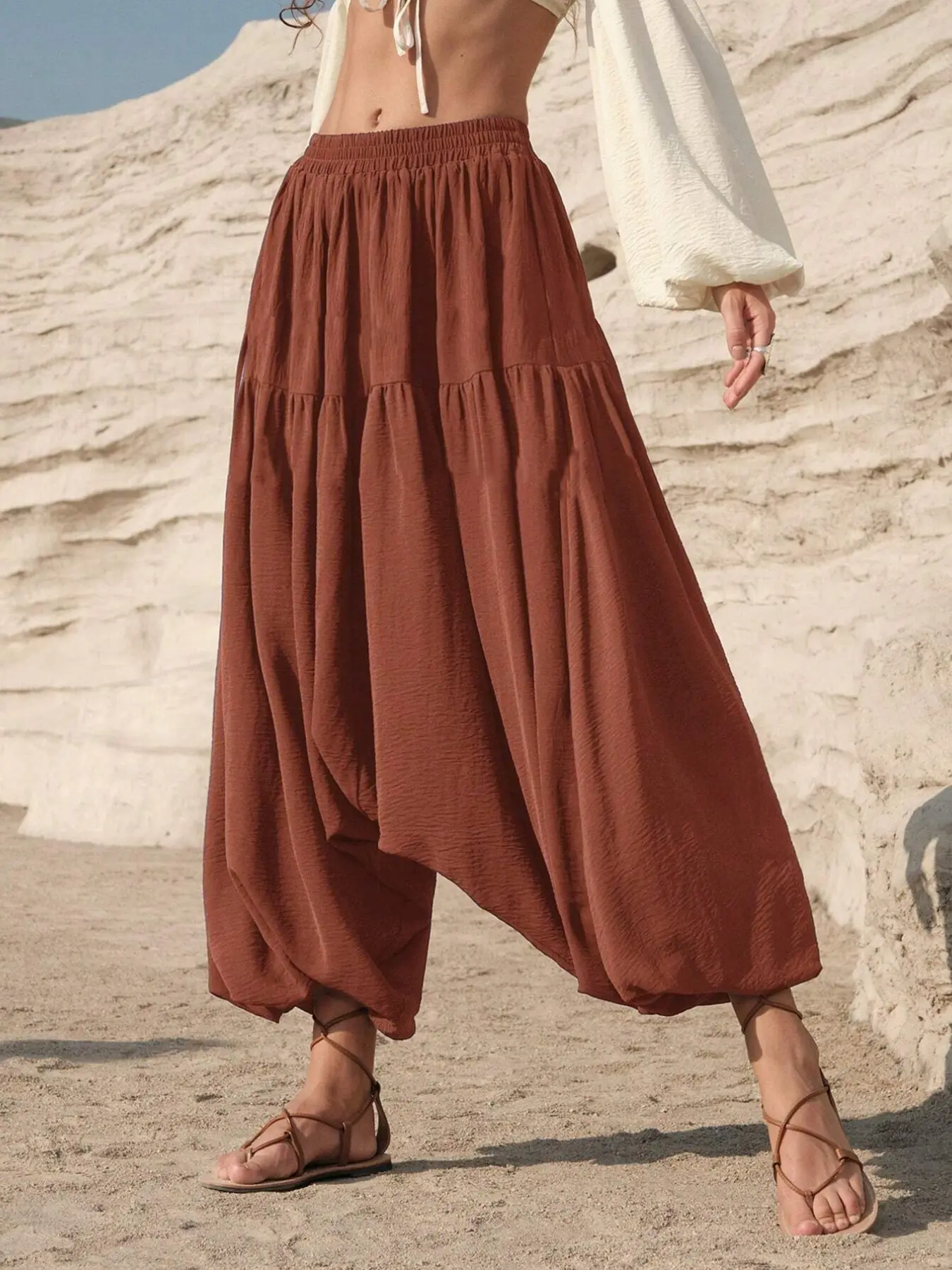Women's Spring Fall Casual Solid Color High Waist Boho Vacation Baggy Pants, Loose Fit Harem Lantern Pants, Ideal for Travel and Daily Wear