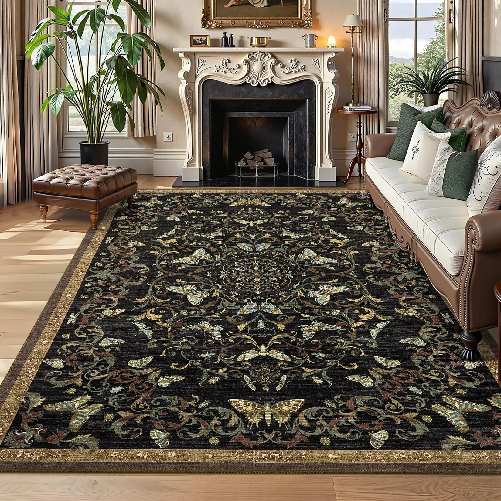 Butterfly & Insect Area Rug, Machine Washable Geometric Printed Rug Stain-Resistant Soft Foldable Non-Slip Lint-Free Rug for Farmhouse Living Room Dining Room Playroom bedroom mat