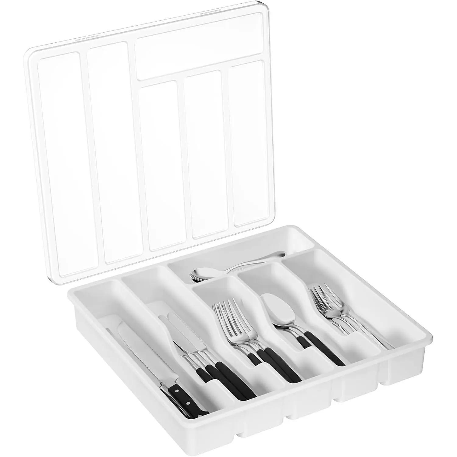 Silverware Organizer with Lid, Covered Utensil Tray for Kitchen Drawer and Countertop, Plastic Cutlery and Flatware Storage Box for Spoons Forks Knives Holder Case, 12.6x11.8", Whi