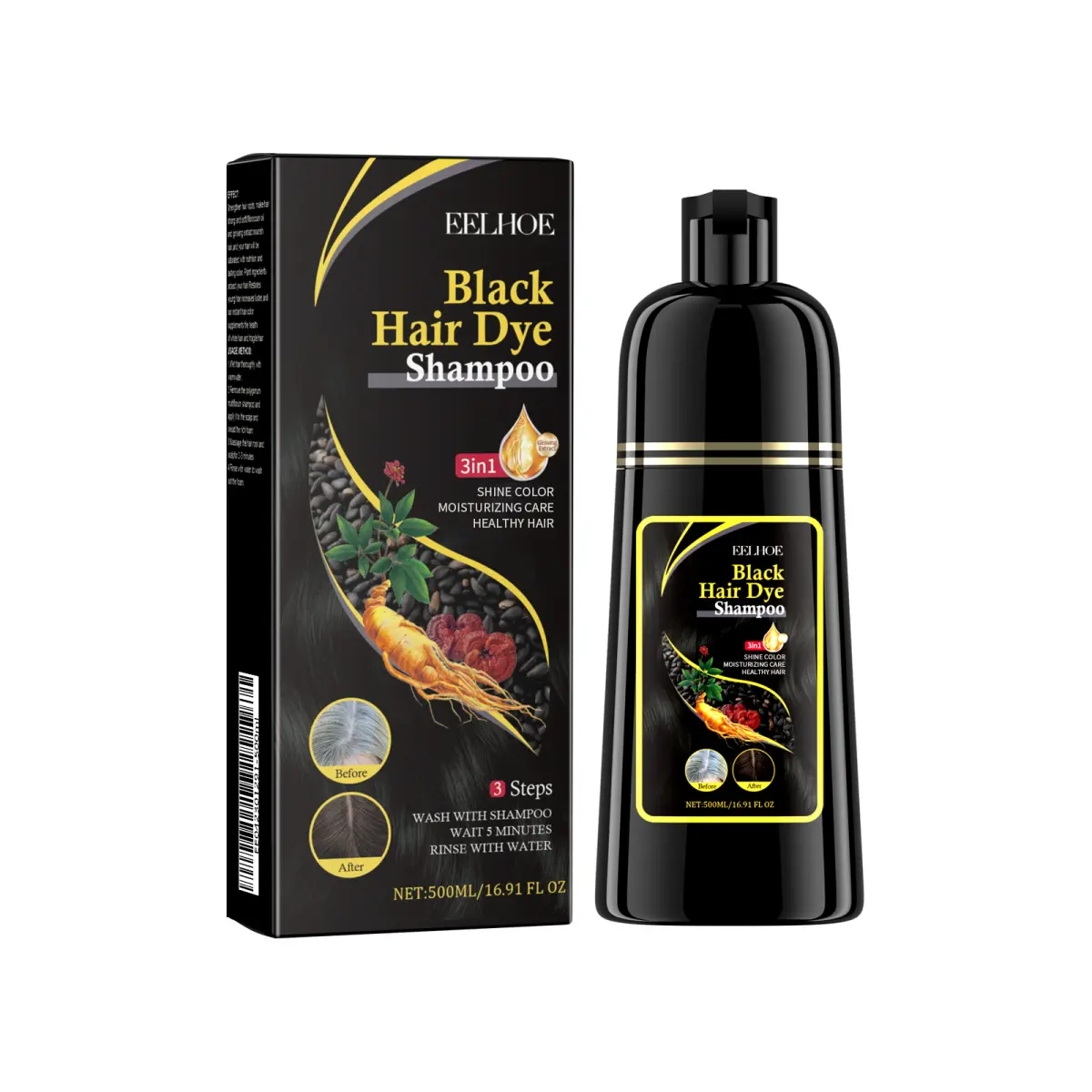 1pc, Herbal Black Hair Shampoo, Gray Hair Coverage Shampoo, Polygonum Multiflorum and Ginger, Nourishing Scalp Care, Soft and Shiny Dark Hair