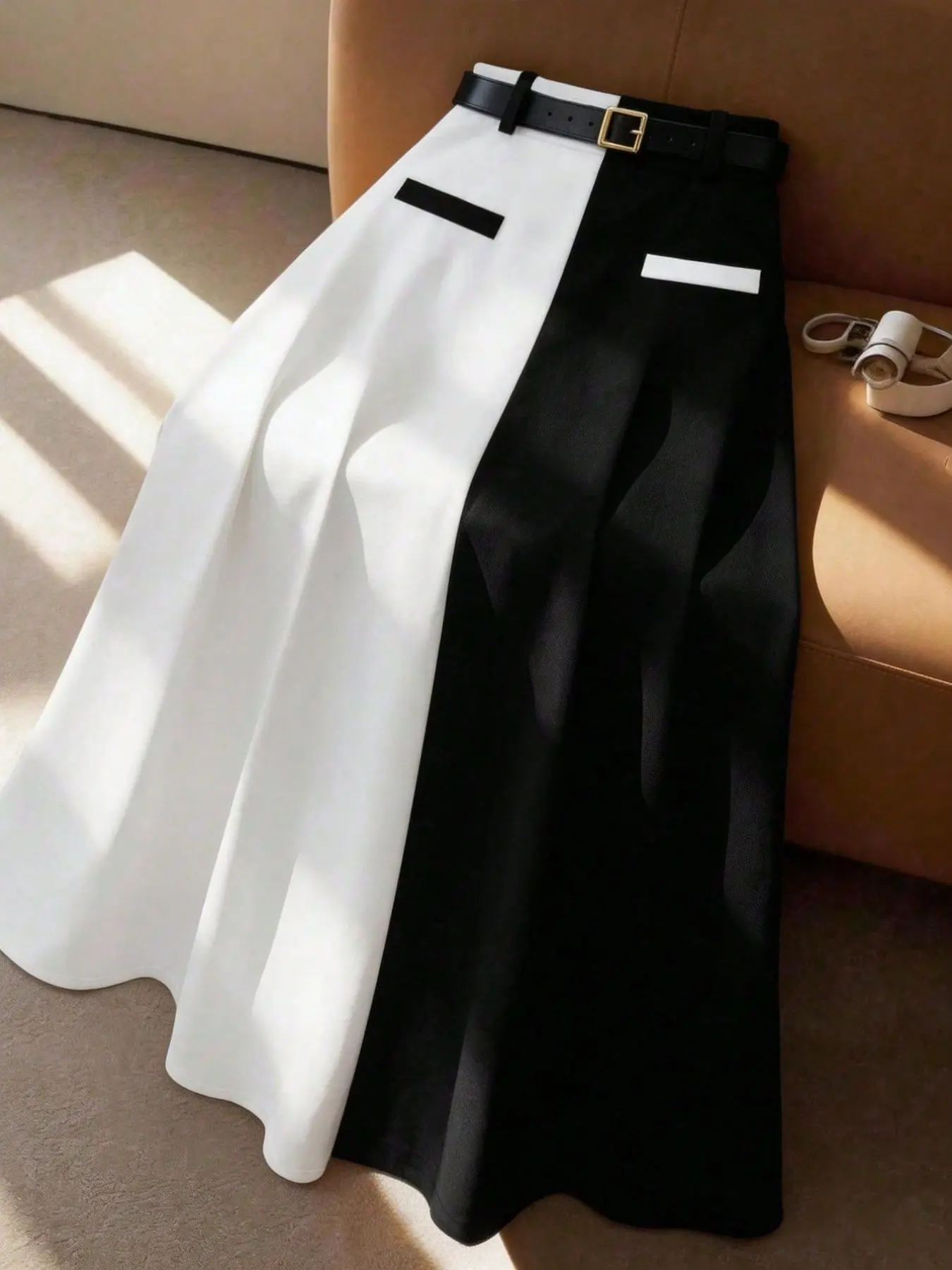 Plus Size Women’s Black and White Contrast Belted A-Line Skirt, Minimalist Elegant Work Midi Skirt for Office, Business, Wedding Guest and Casual Wear