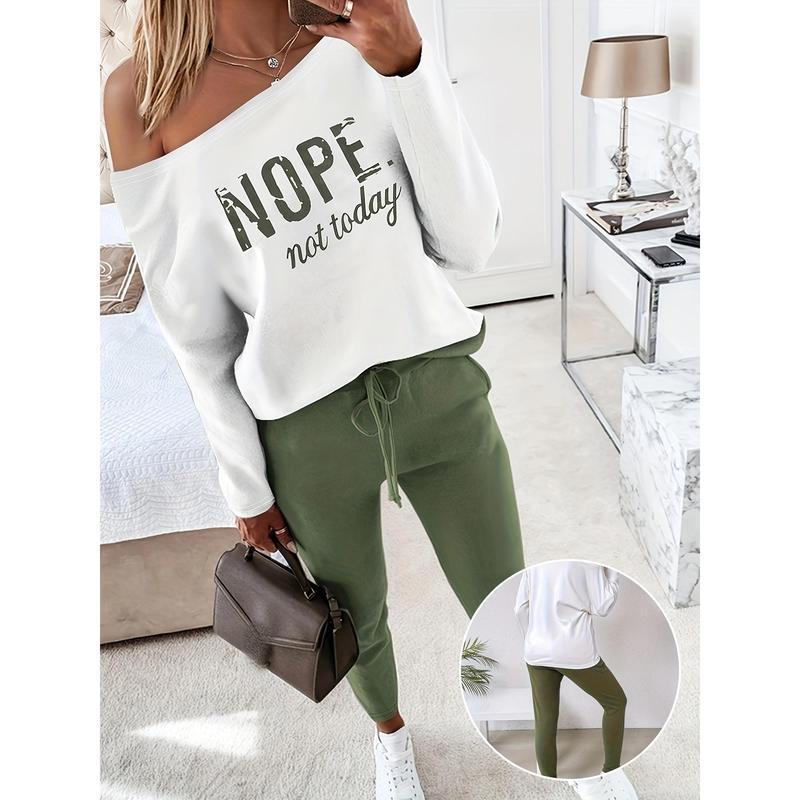 2 Piece Outfit Nope Not Today Print Skew Neck Long Sleeve Pullover Top with Stretchy Waist Long Pants Jogger Set