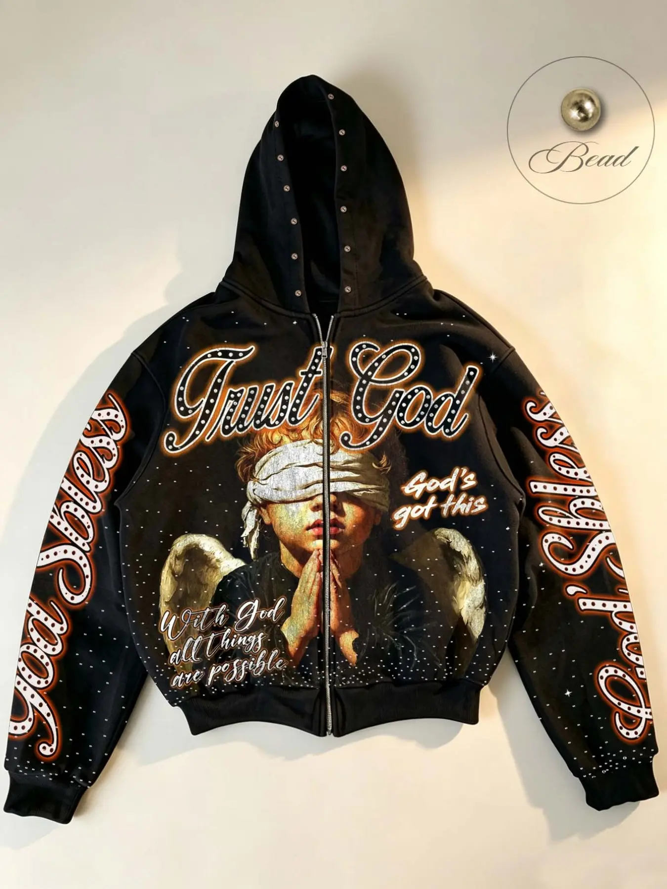 Men's zip-up hoodie, unisex, zip-up hooded jacket with "GOD'S BLESS" text print and retro vintage angel Cupid praying graphic, rivet decorated cardigan jacket, Y2K streetwear brand zip hoodie