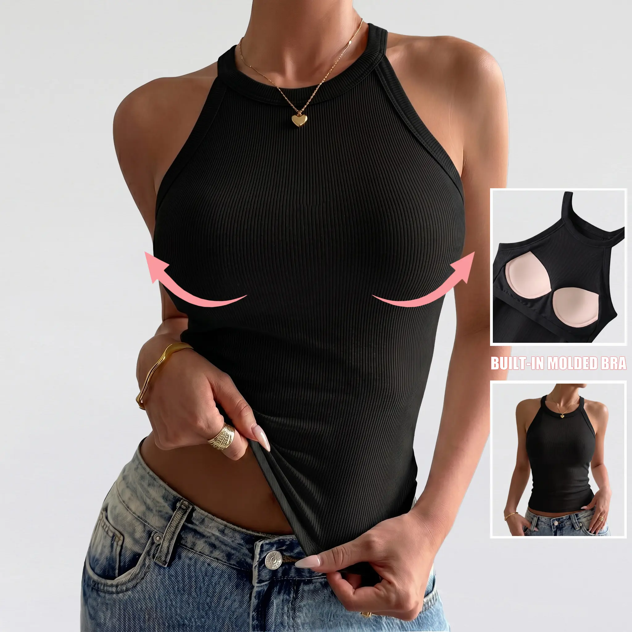 Viral Built-In Bra Tank Top, Ribbed Sleeveless Crew Neck Top, Women’s Slim Racerback Cropped Tank—Form-Fitting Tank for Aesthetic Outfits, Crew Neck Design, Available in Multiple Colors
