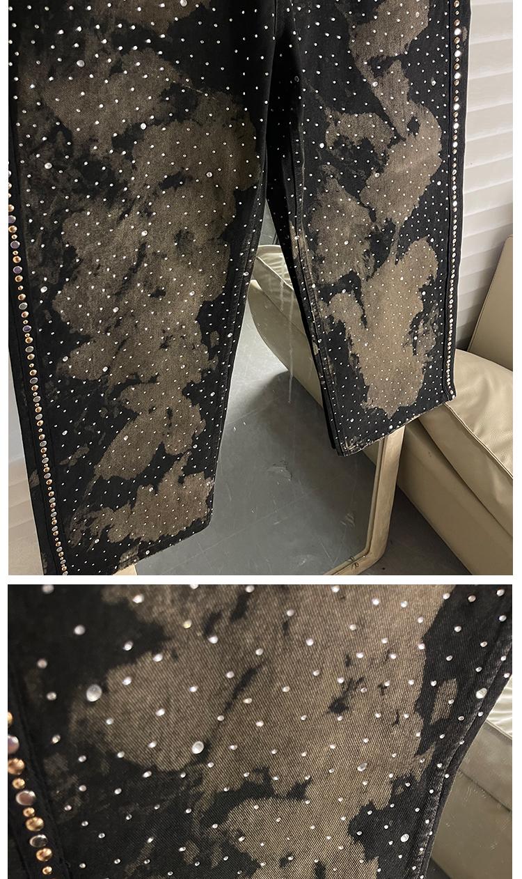 Parisian Sle Heavy Du Rhinestone Rivet Denim Jeans Loose Straight Leg Wide Leg Pants ex American Retro Trendy Brand