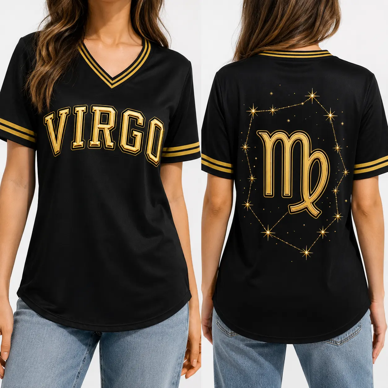Virgo Zodiac Black Gold V-Neck Jersey, Unisex Astrology Constellation Graphic Shirt, Short Sleeve Streetwear Birthday Gift,outfits,men's wear,men fashion,summer men fashion clothes,football jersey,fan jersey,fan cheering