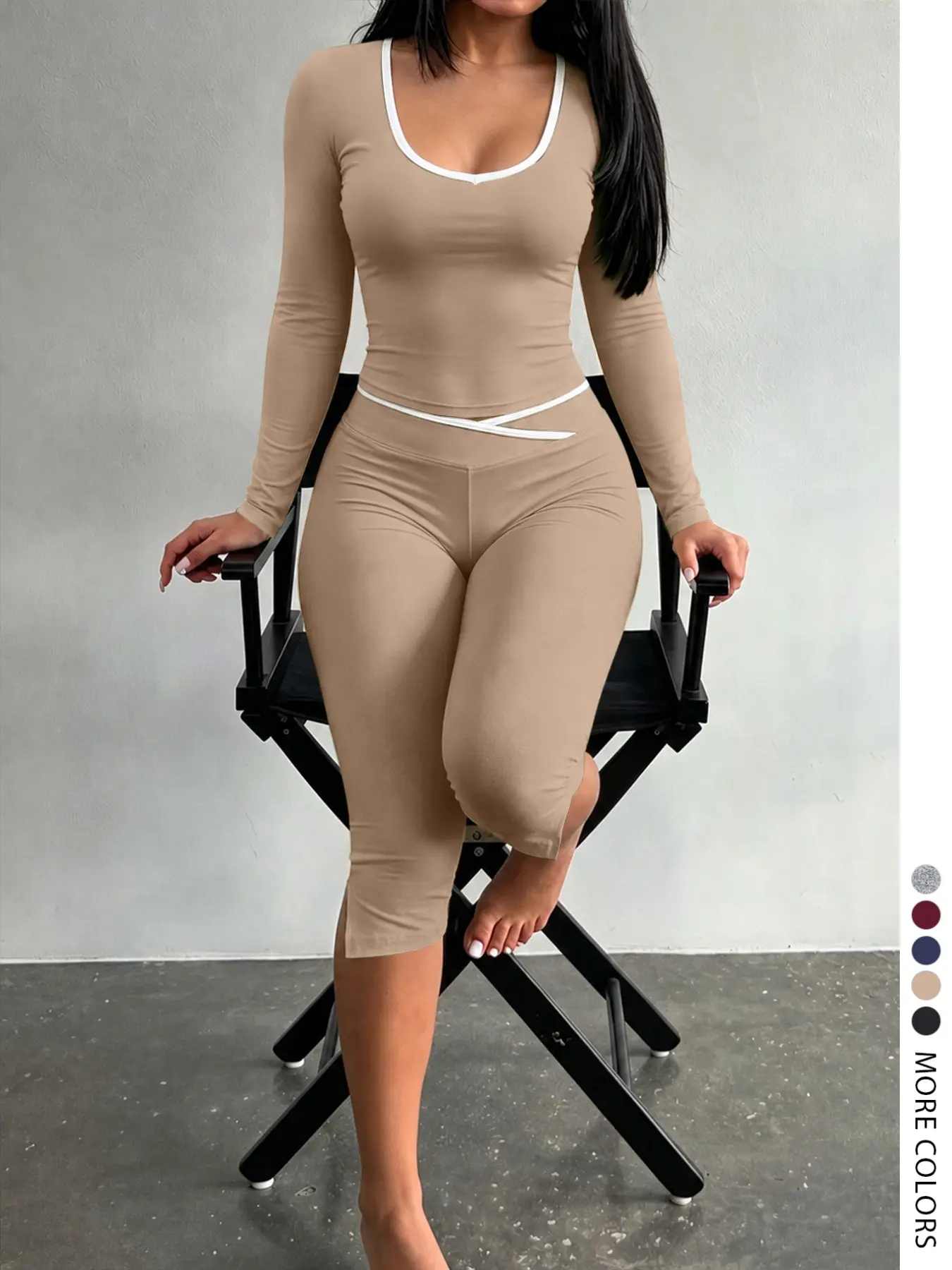 Lw Sherowear Casual Women's Long Sleeve and Capri Set, Solid Color, Split Leg, Perfect for Home, All Seasons，Matching Set for Women Going Out Streetwear