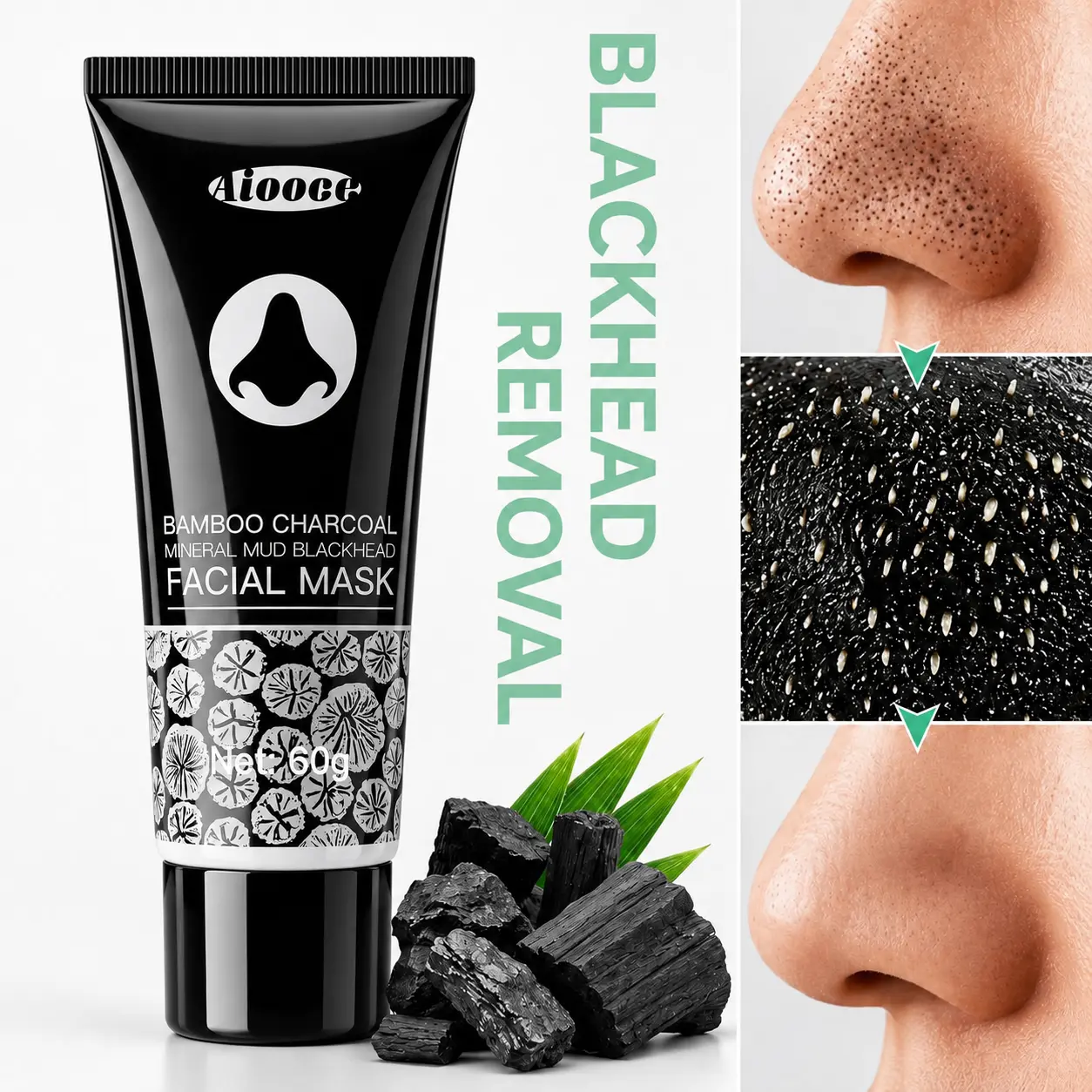 Bamboo Charcoal Clay Facial Mask - 60g Deep Cleansing Mud Treatment for Most Skin Types, Purifies, Removes Blackheads, Leaves Smooth, Daily Use
