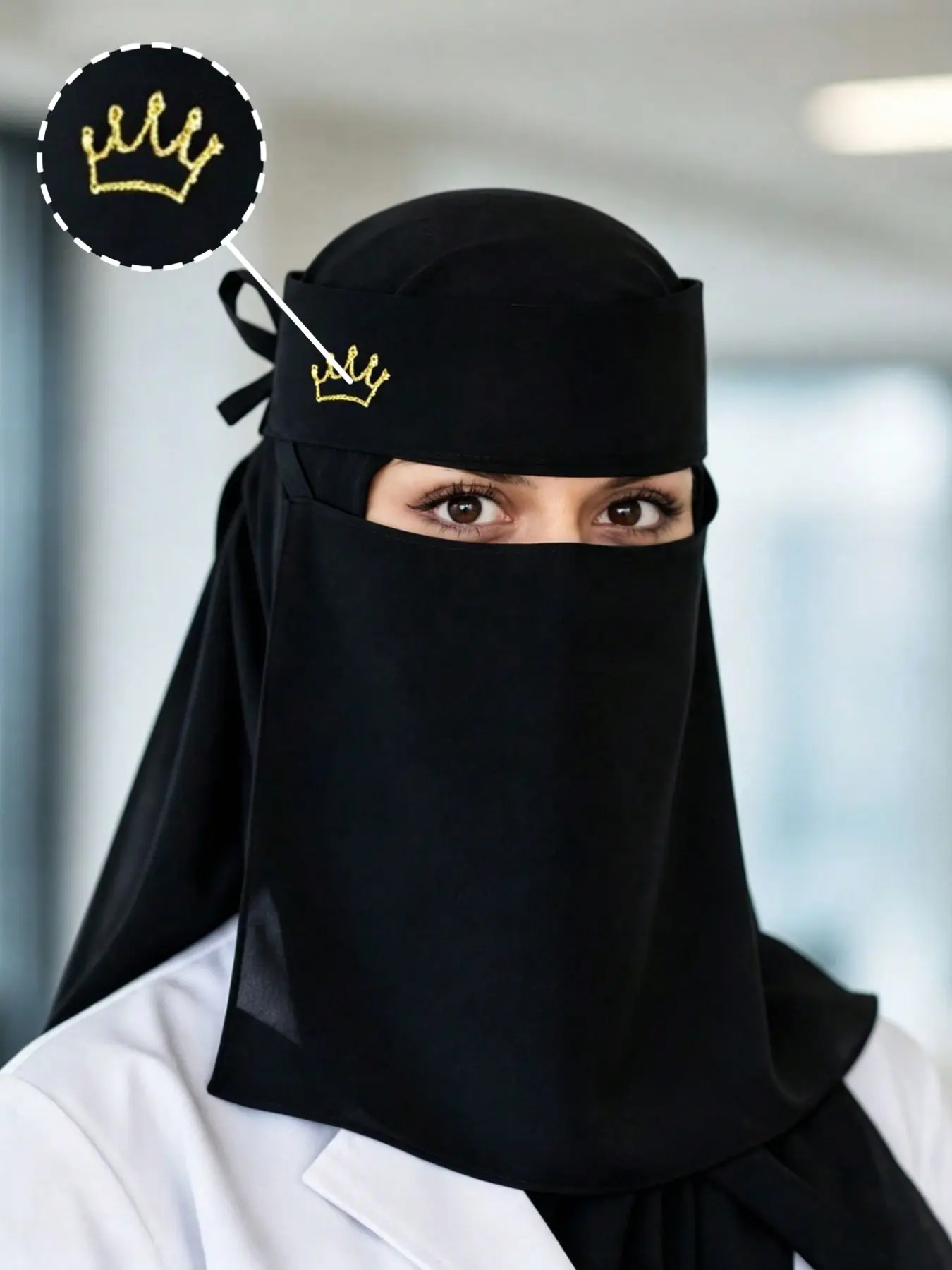 1 Piece Solid Color Gold-Stamped Crown Veil, Lightweight and Breathable Composite Yarn Face Cover, Face-Covering Niqab, Suitable for Muslim Daily Wear, Outdoor Trips and Matching with Abayas, Fashion Accessory